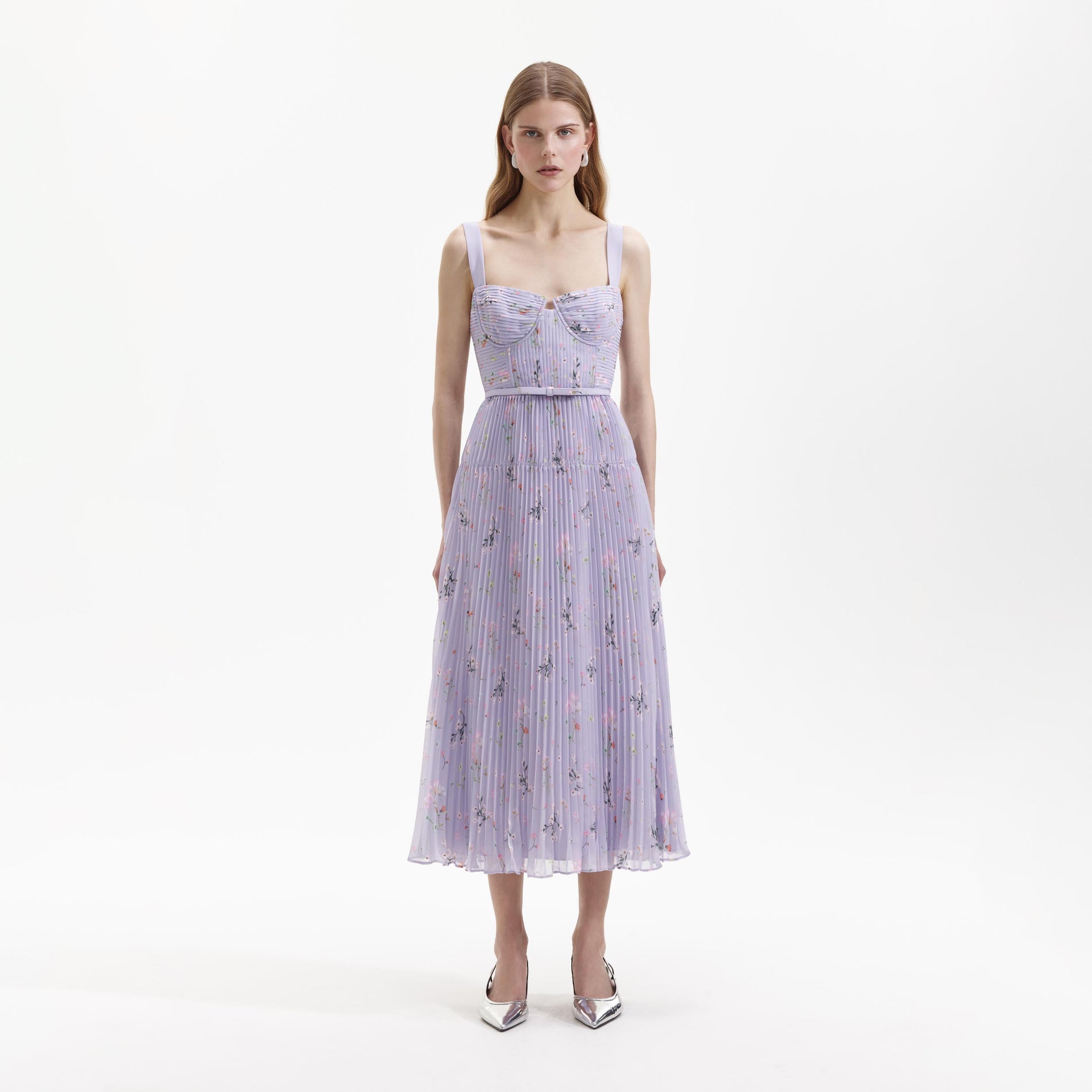 Front view of a woman wearing the Lilac Floral Chiffon Midi Dress