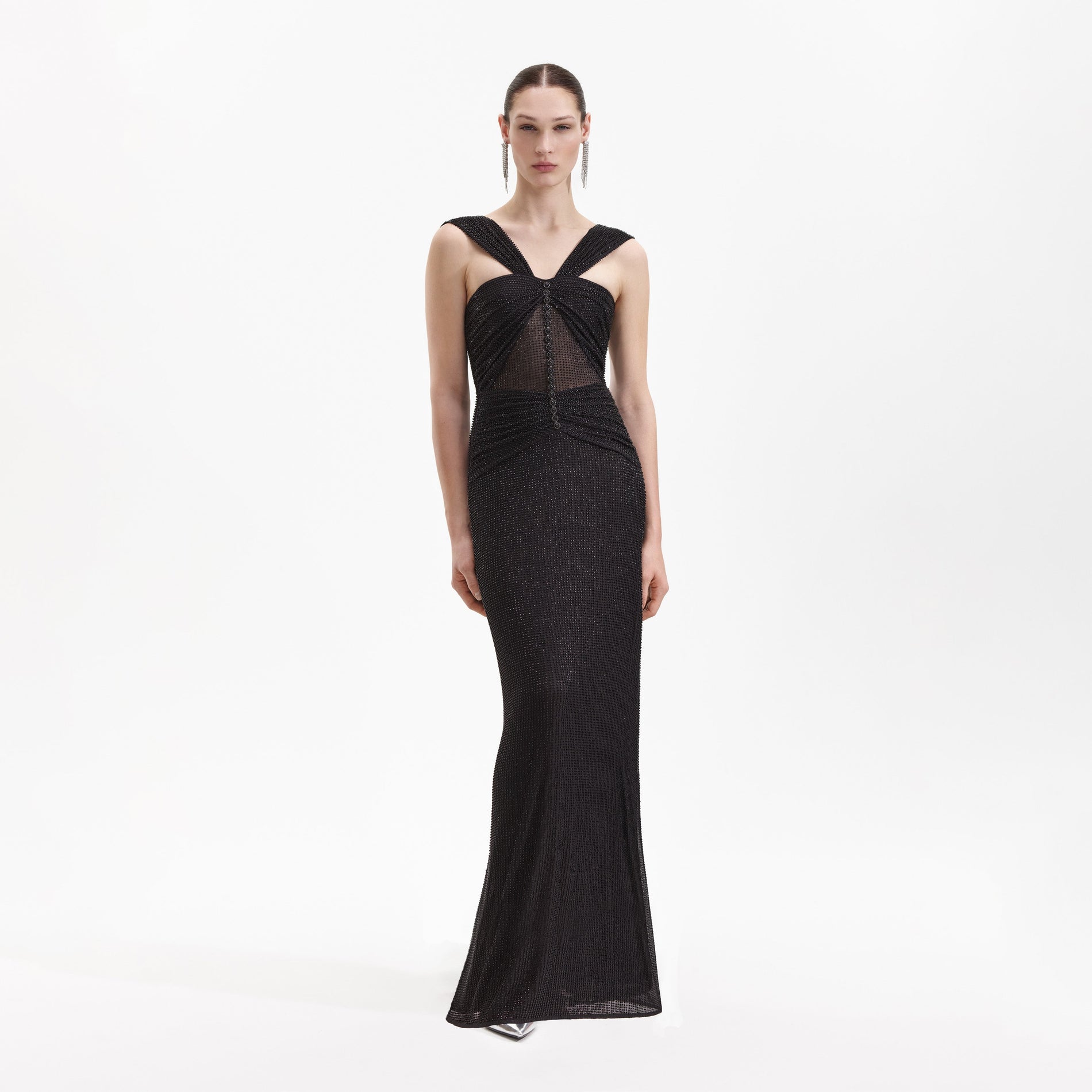 Front view of a woman wearing the Black Beaded Mesh Maxi Dress