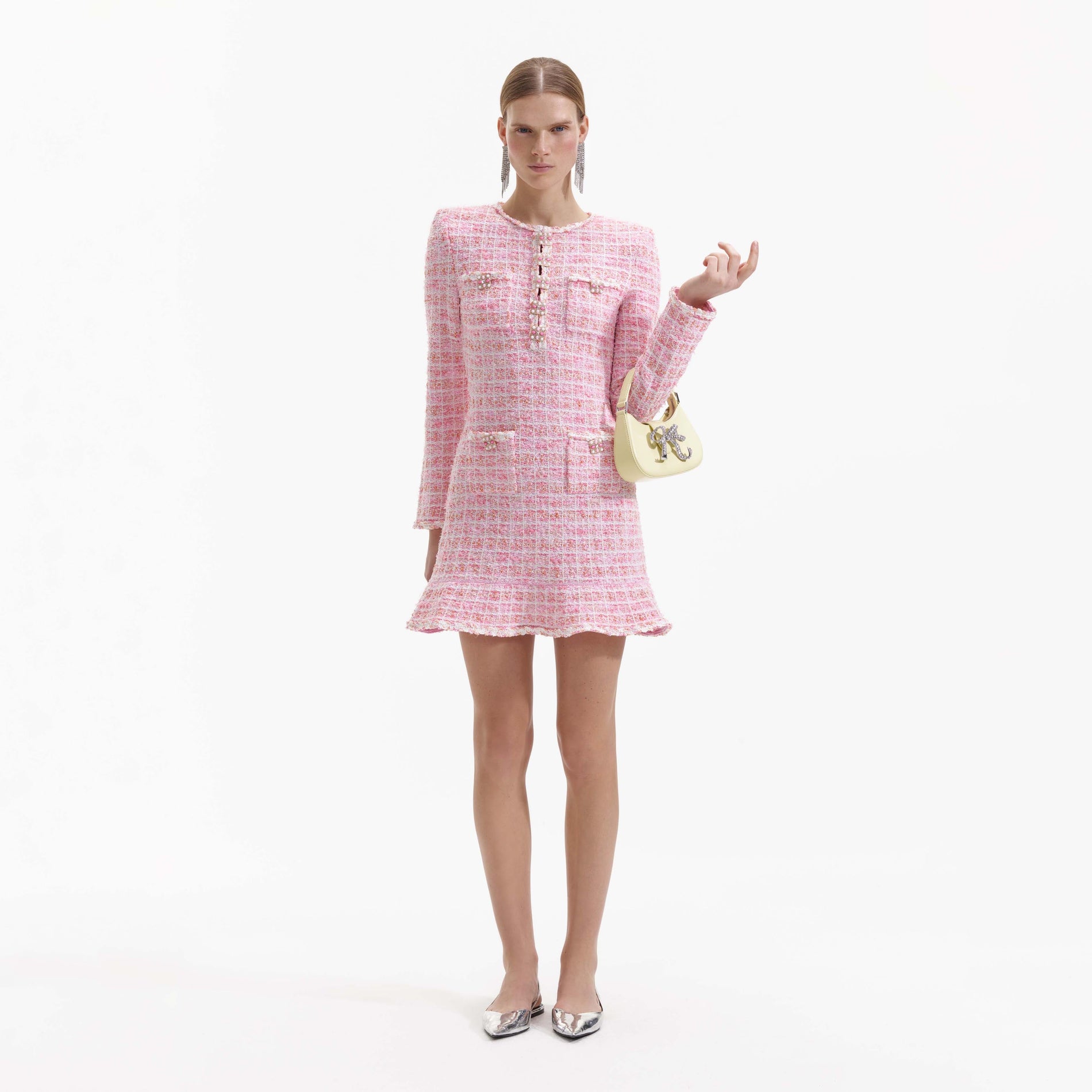 Front view of a woman wearing the Pink Check Knit Mini Dress