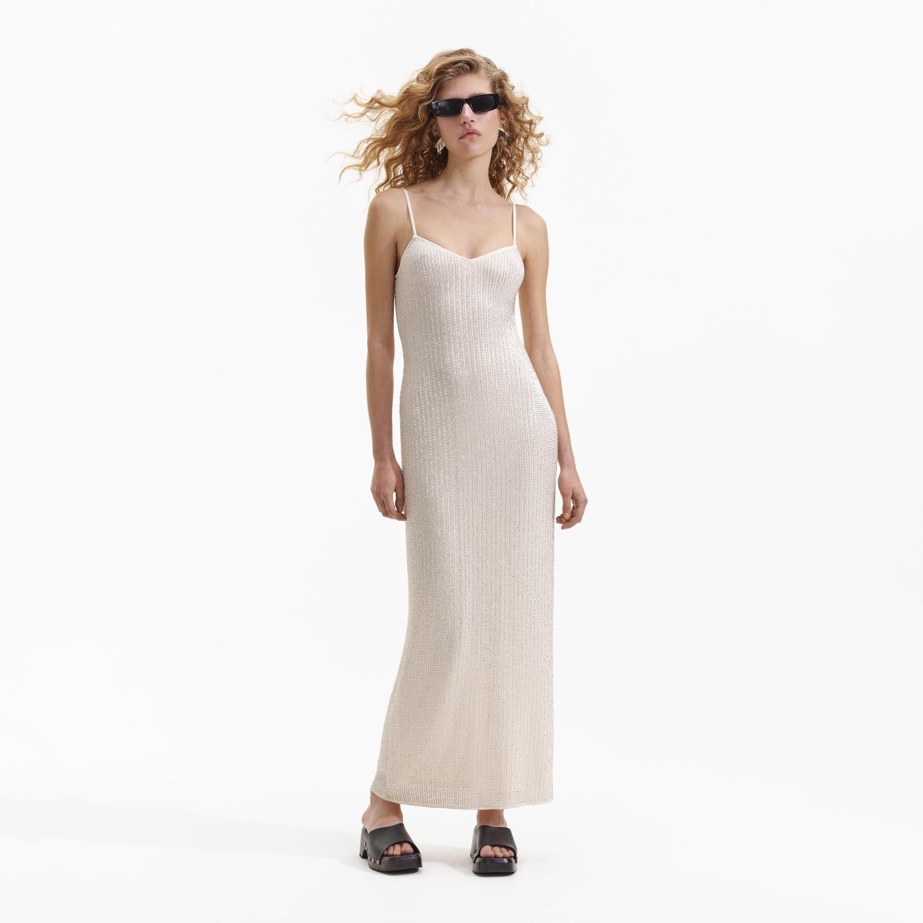 Front view of a woman wearing the Cream Beaded Mesh Maxi Dress