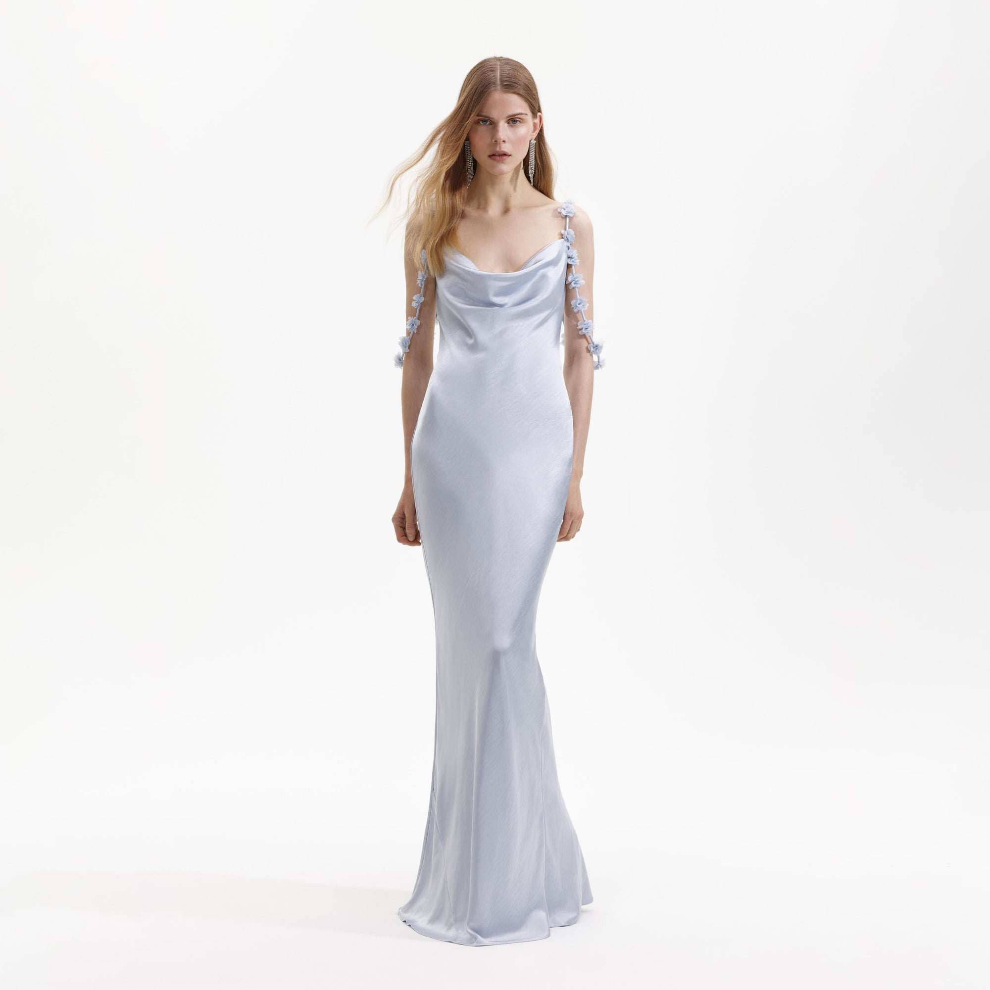 Front view of a woman wearing the Blue Satin Flower Maxi Dress