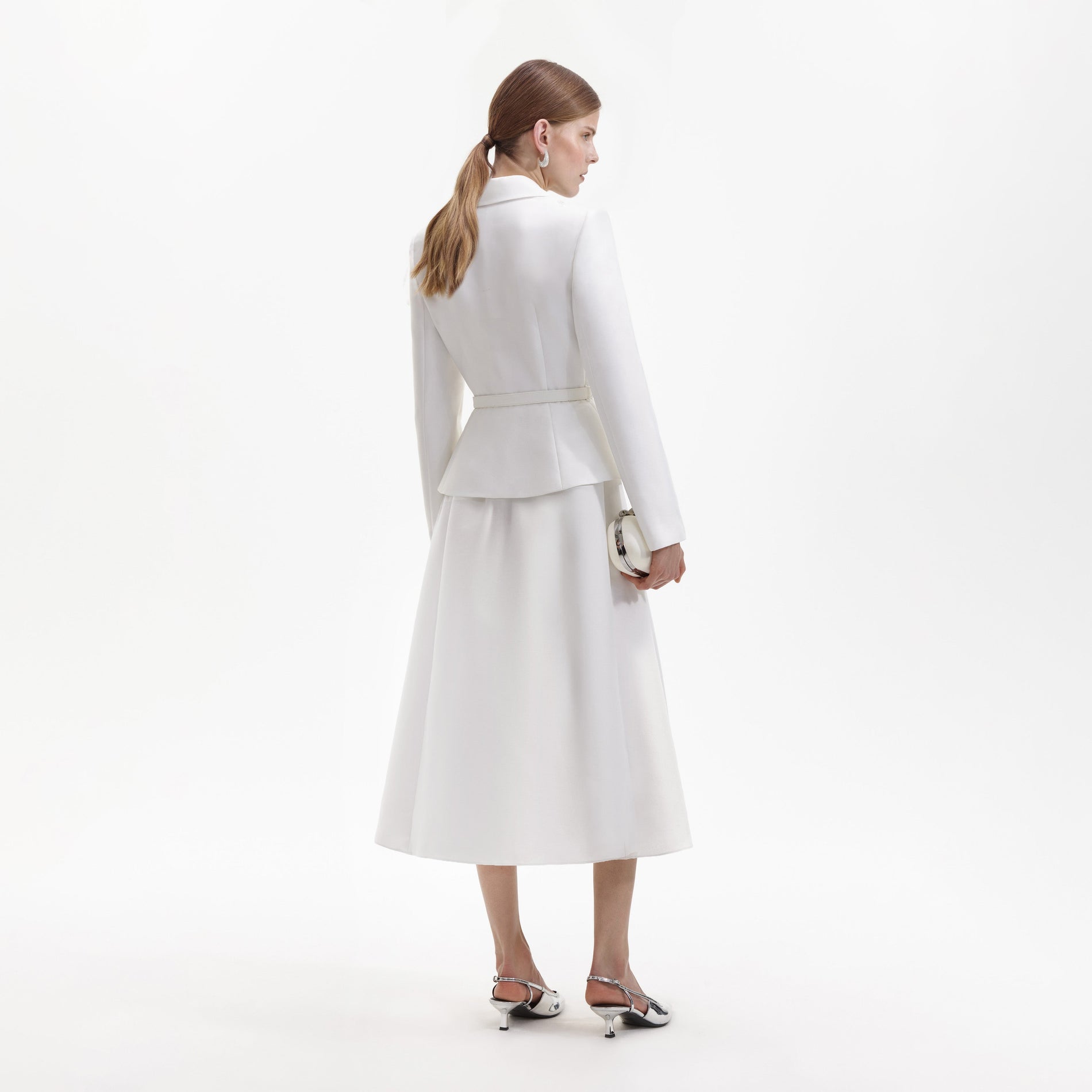 Back view of a woman wearing the White Tailored Taffeta Midi Dress