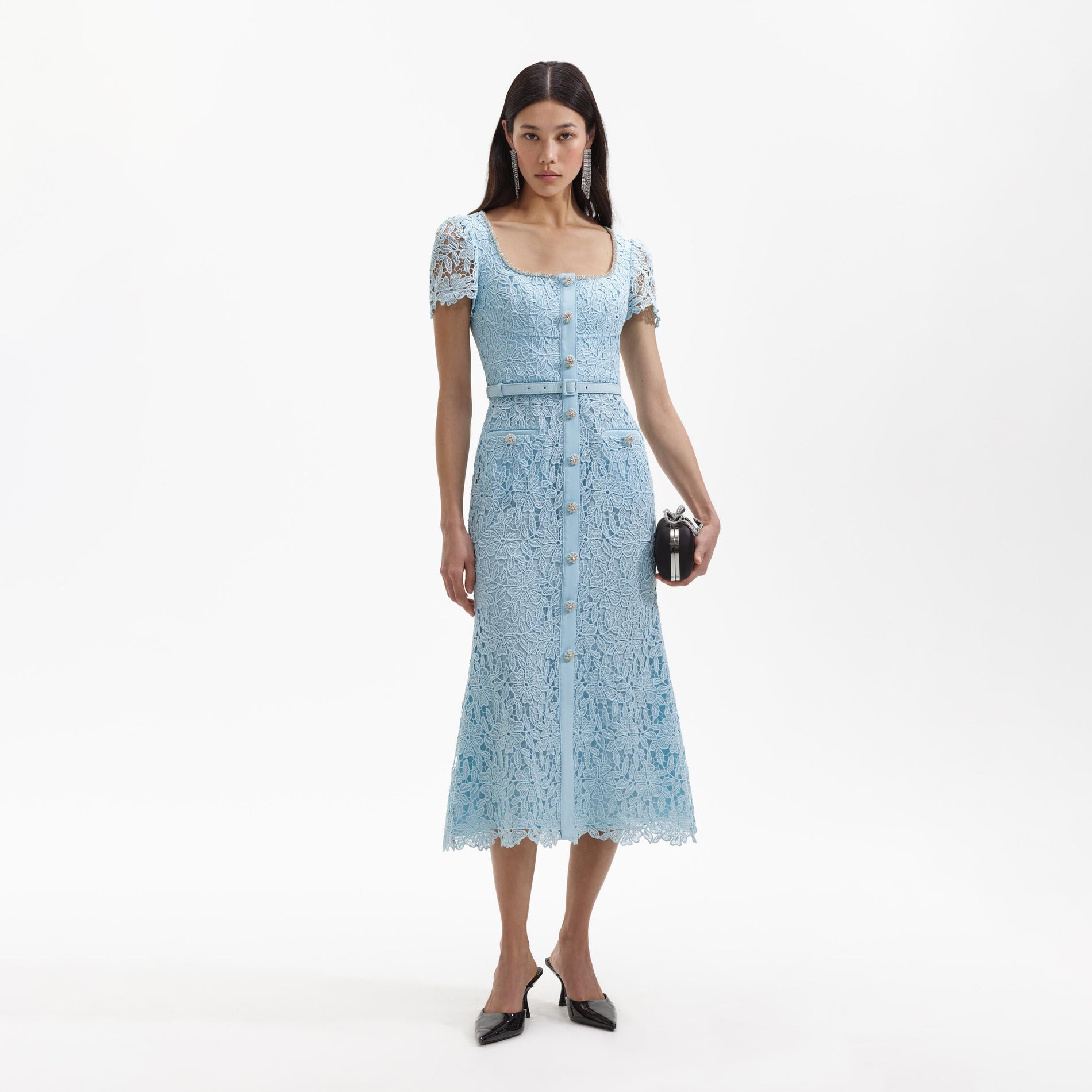Front view of a woman wearing the Blue Lace Diamante Midi Dress