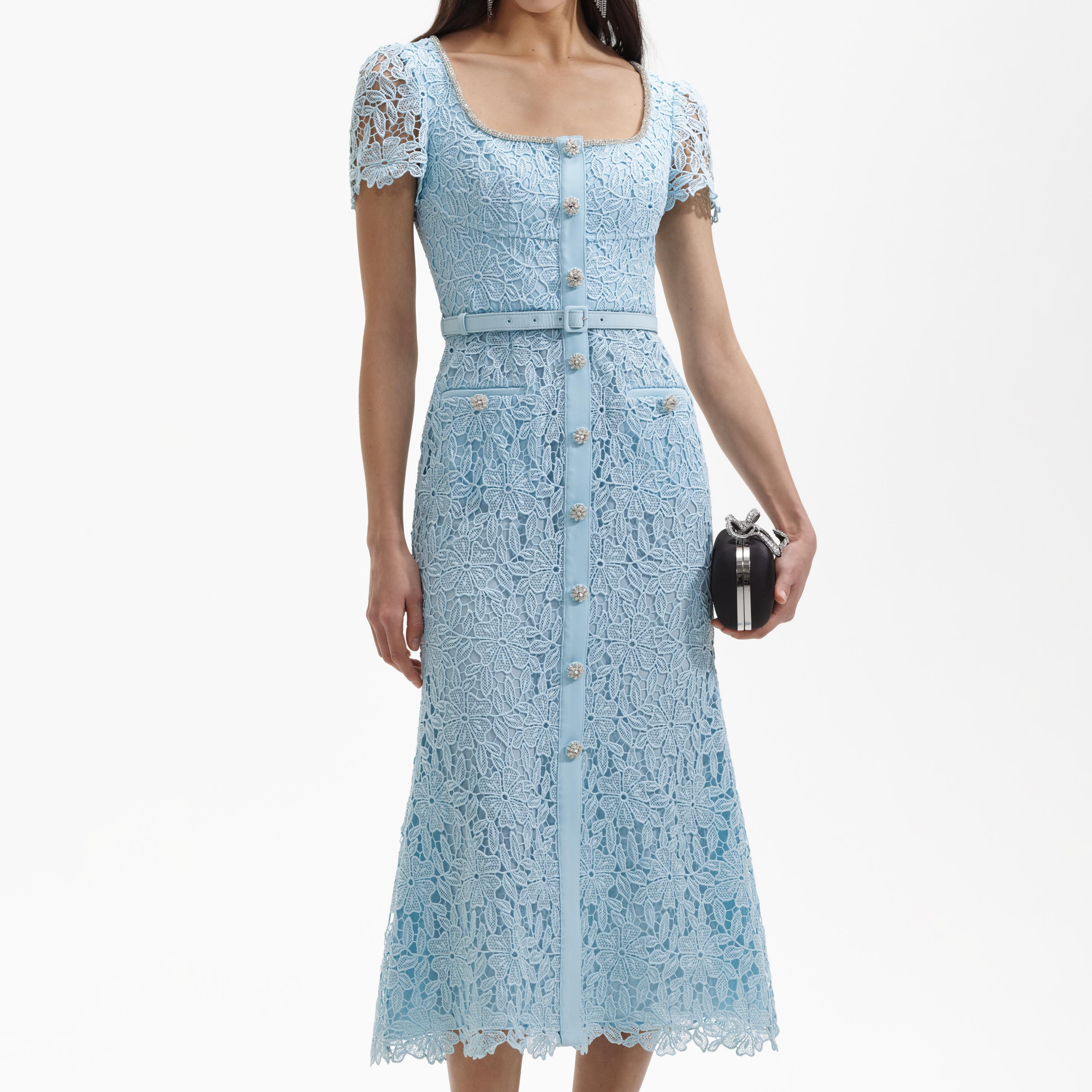 Blue Lace Diamante Midi Dress