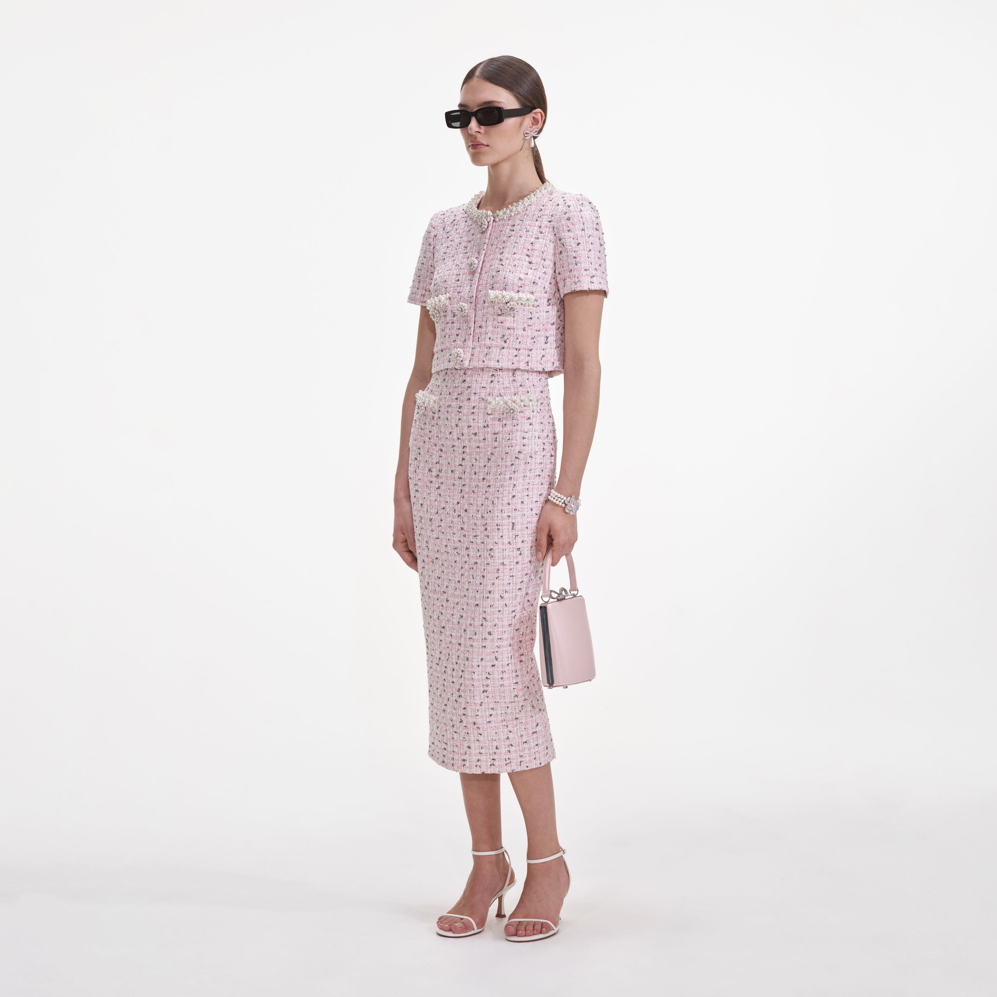 Pink Boucle Pearl Midi Skirt