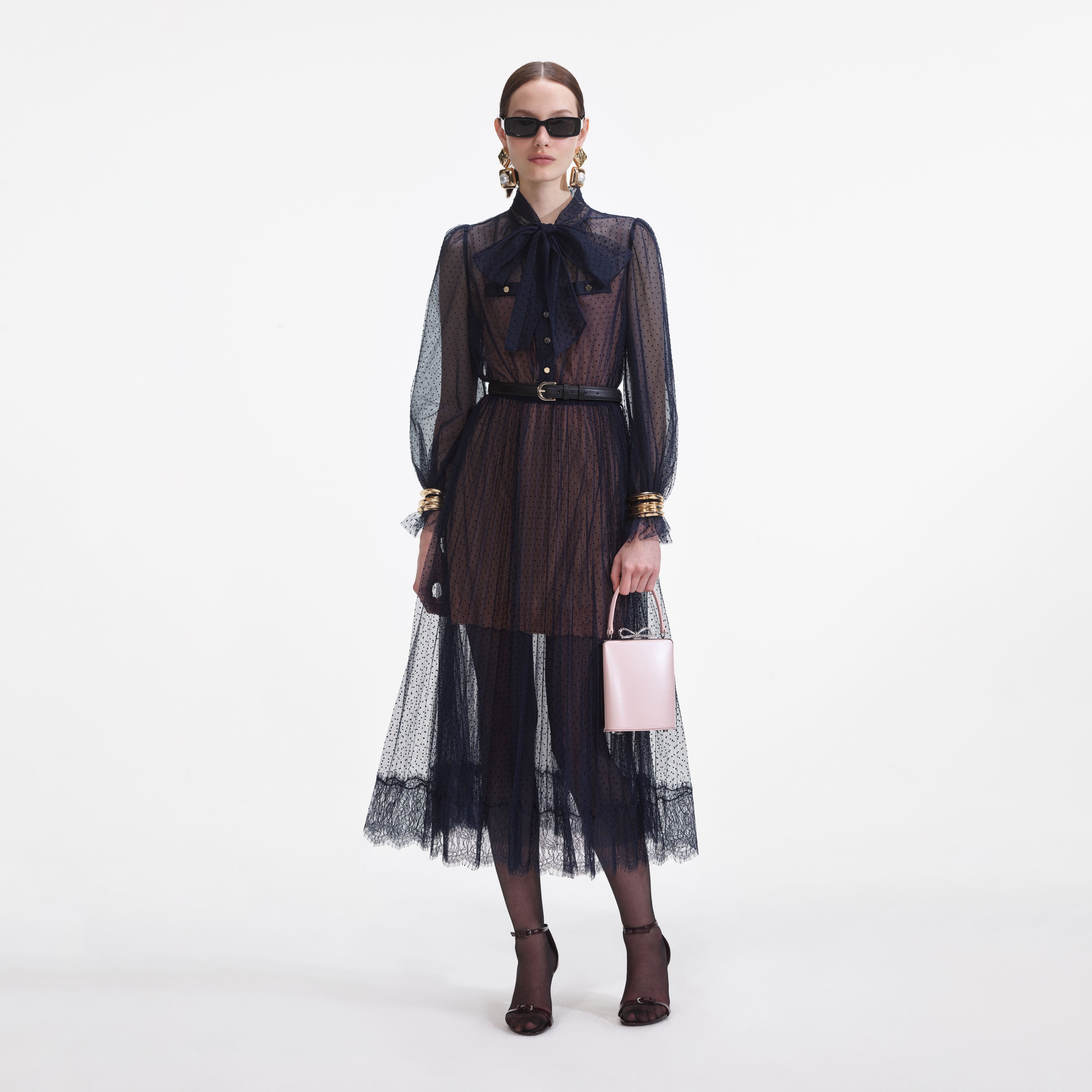 Navy Dot Mesh Midi Dress – self-portrait-EU