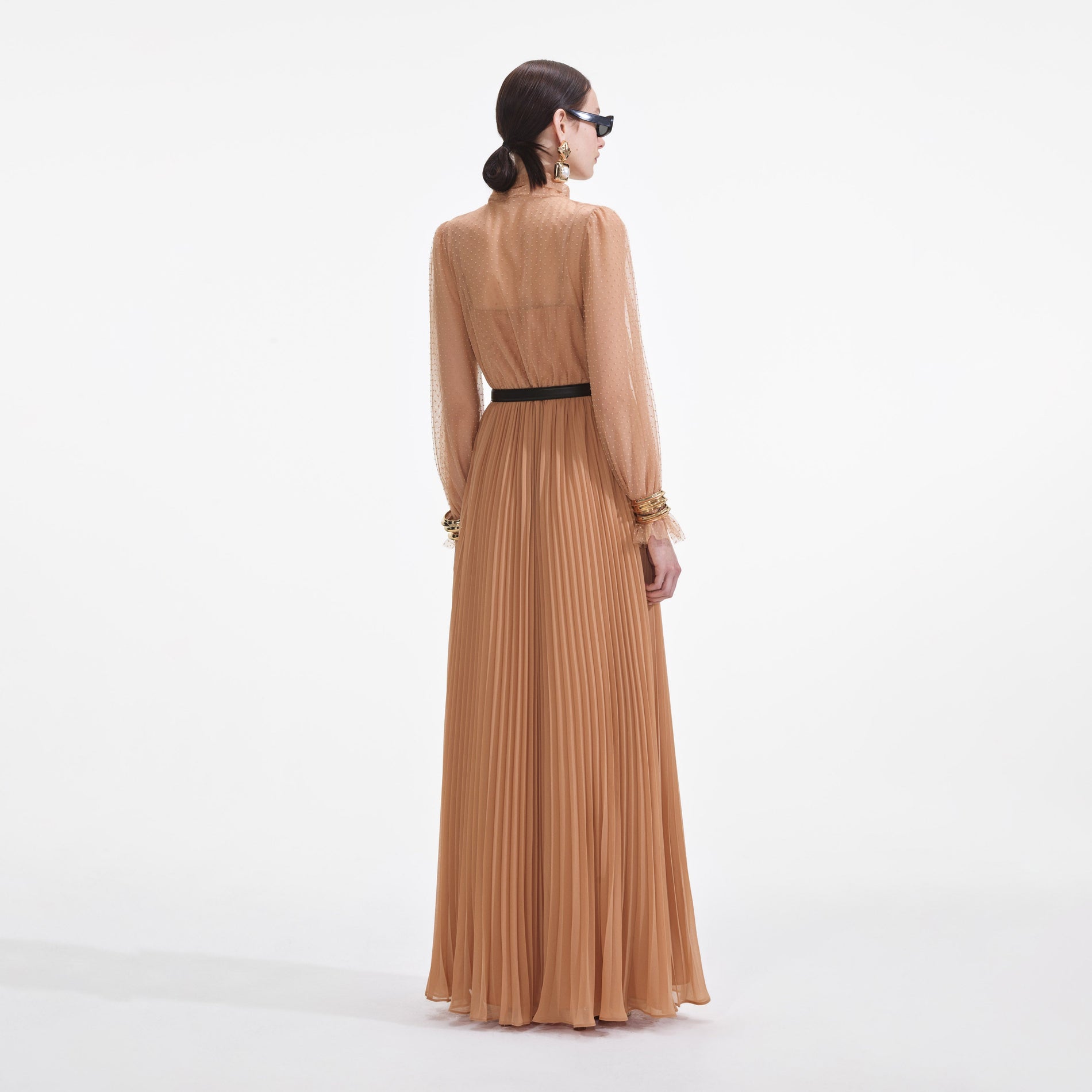 Back view of a woman wearing the Tan Dot Mesh Maxi Dress
