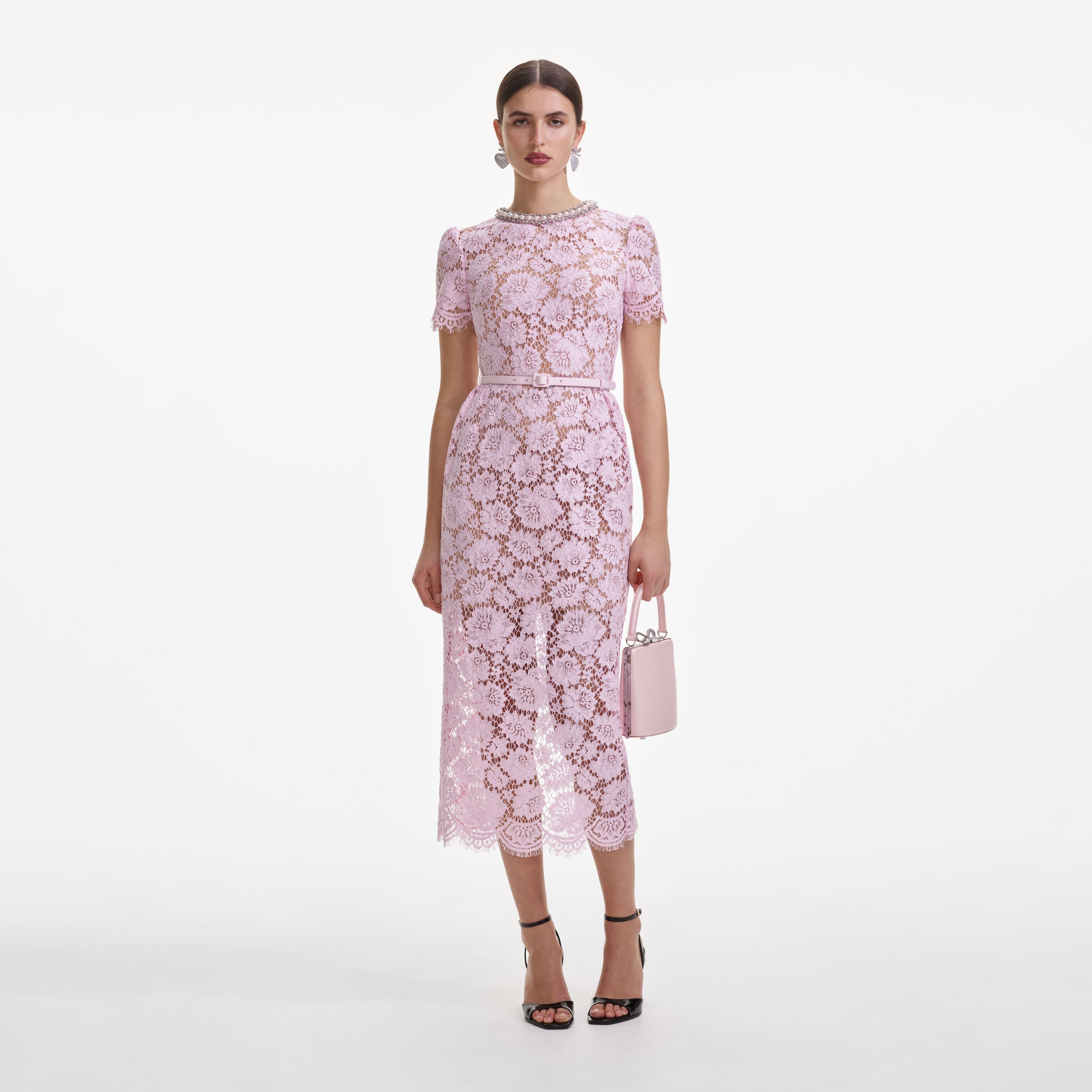 self-portrait crystal-embellished guipure lace midi dress SELF-PORTRAIT Belted Crystal-Embellished Guipure Lace Midi Dress