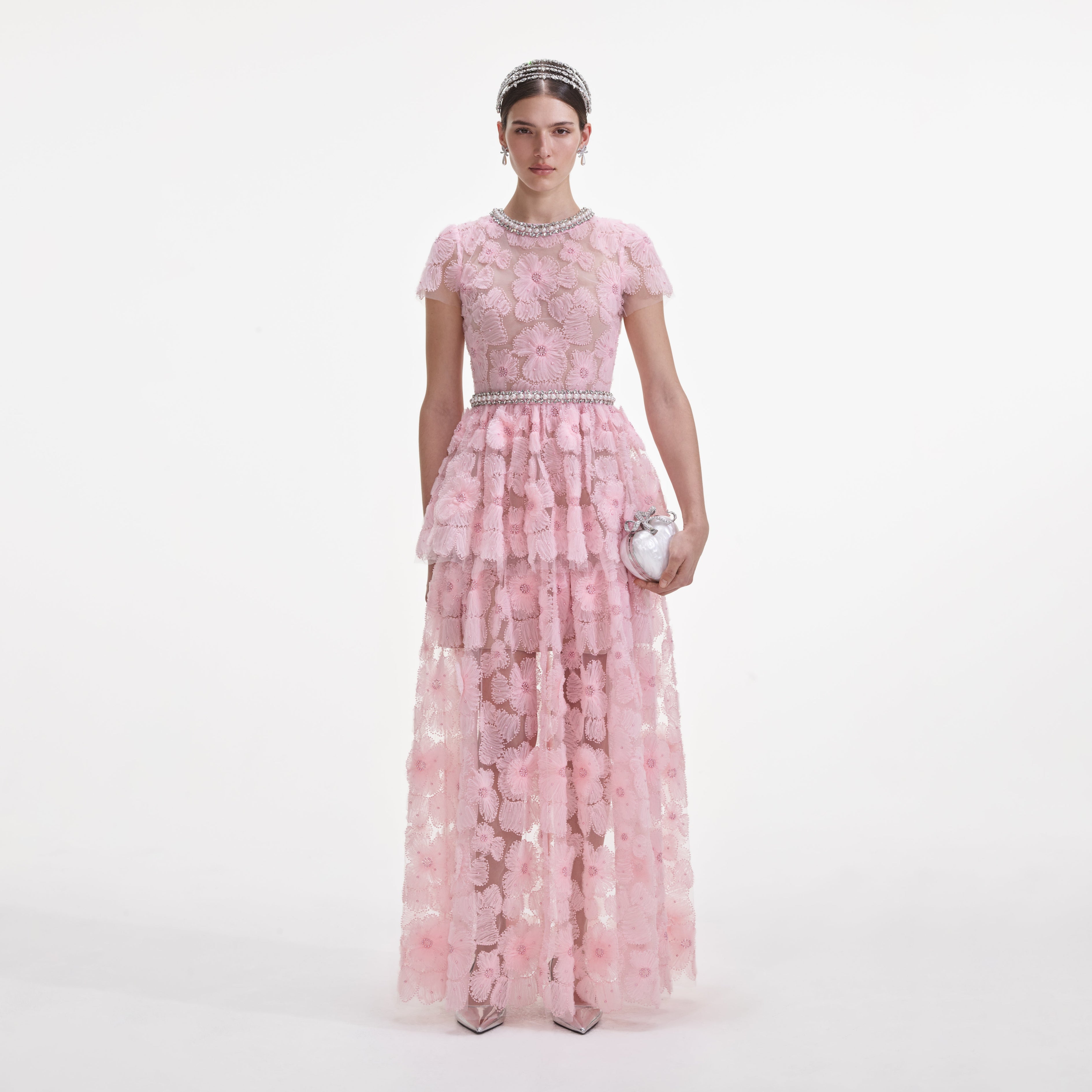 Pink Embellished Tulle Maxi Dress