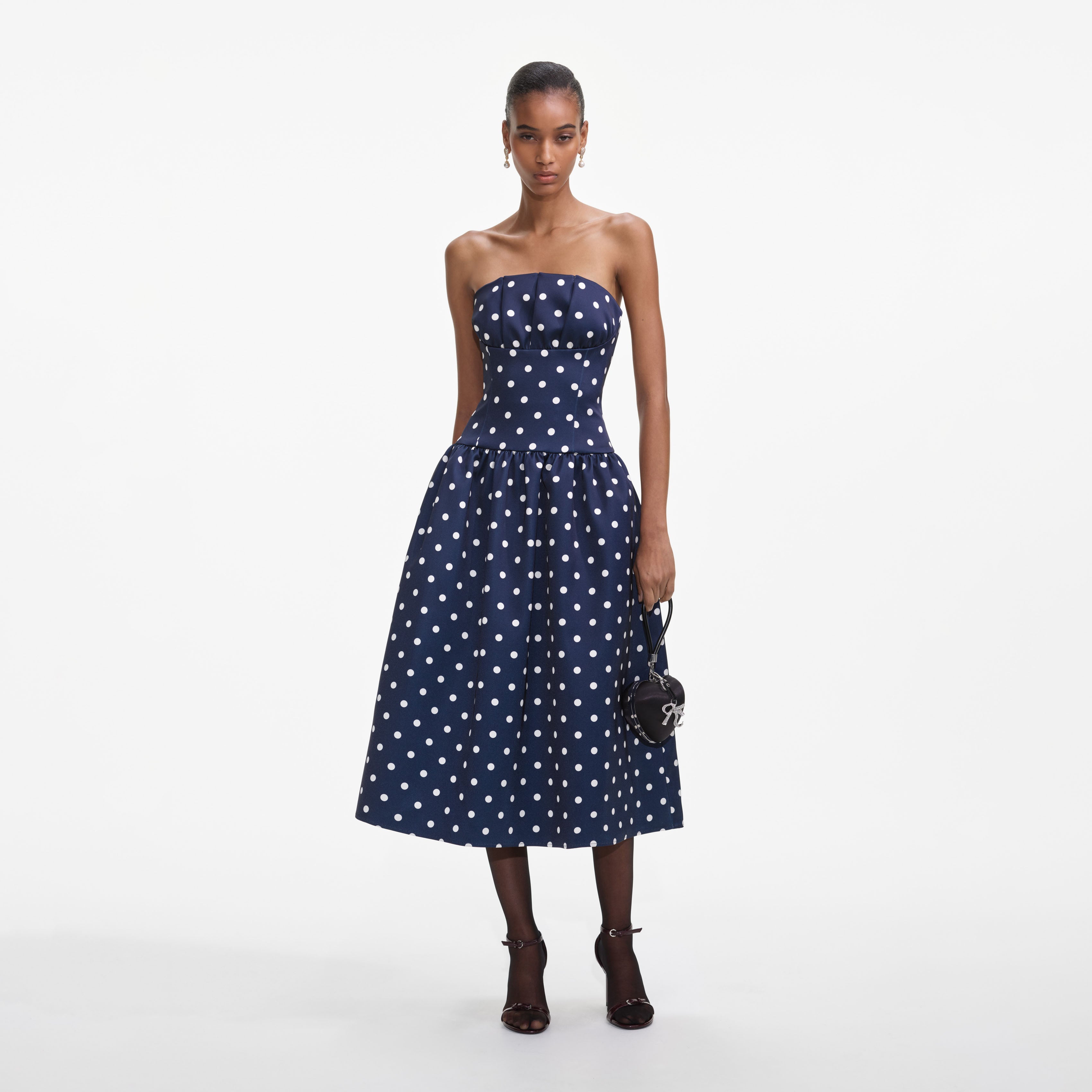 Navy Polka Dot Satin Midi Dress – self-portrait-EU