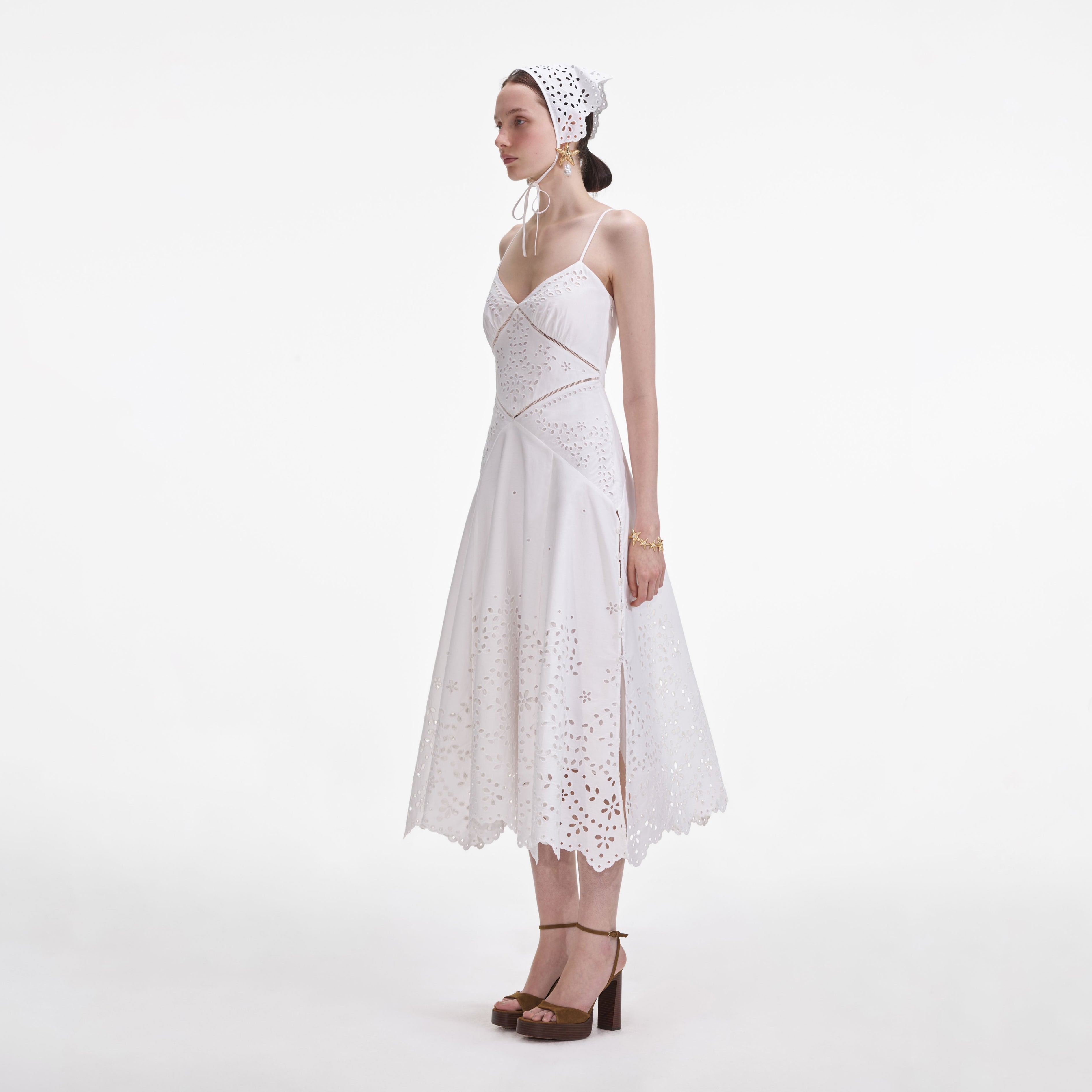 White Cotton Embroidered Strappy Midi Dress