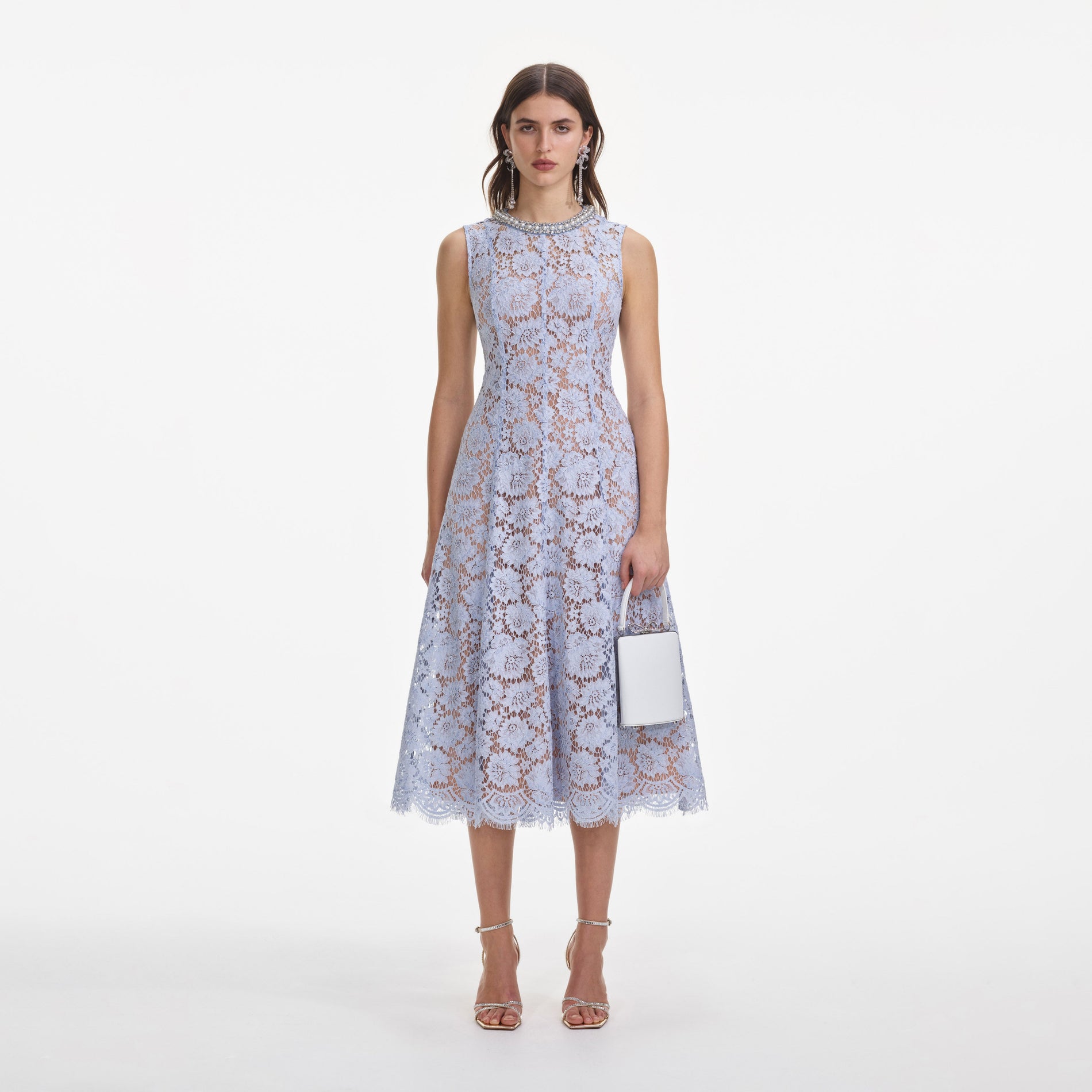 Front view of a woman wearing the Blue Fine Lace Pearl Midi Dress