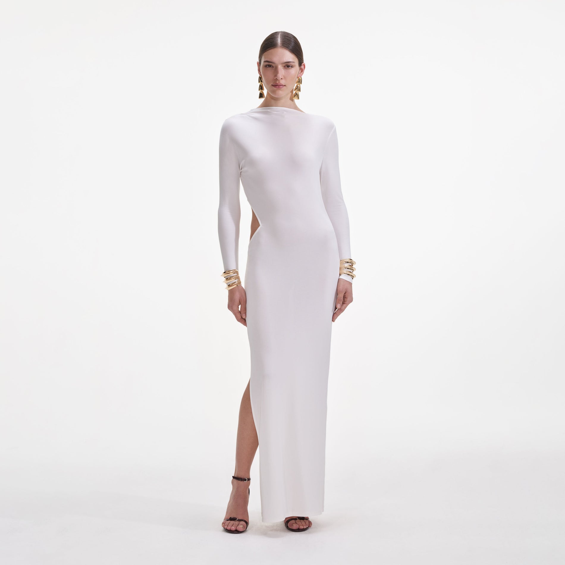 Front view of a woman wearing the White Jersey Gathered Midi Dress