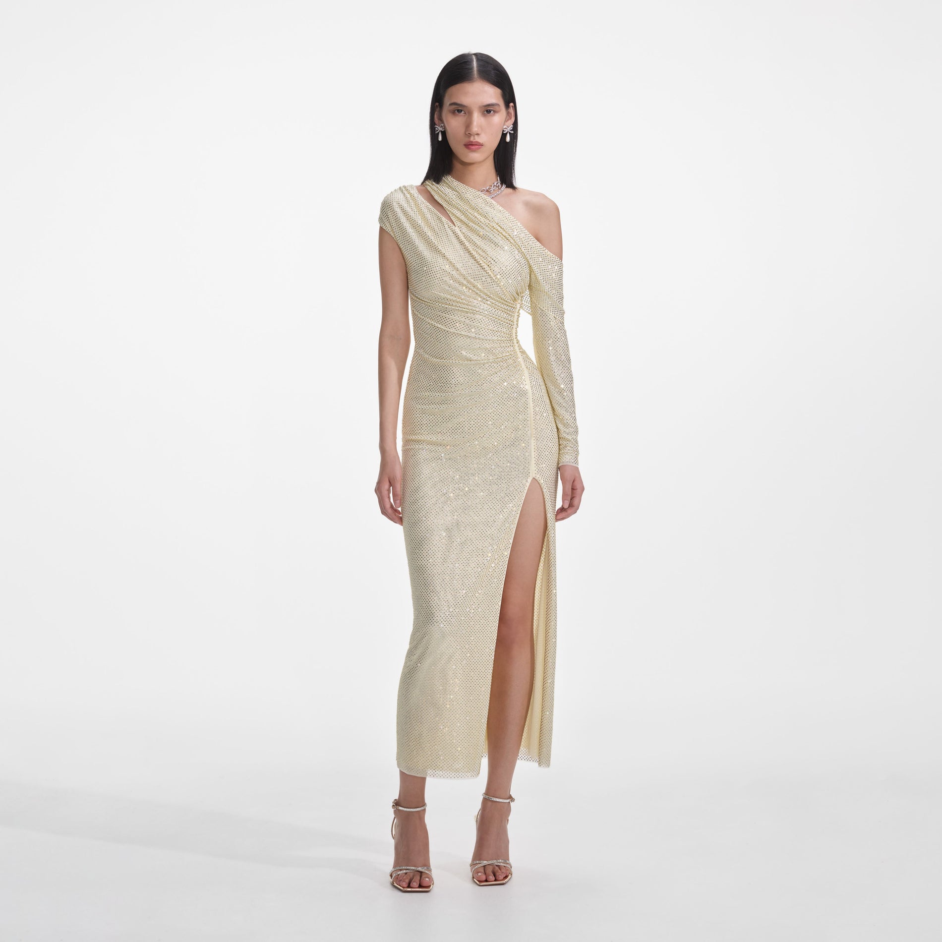 Front view of a woman wearing the Yellow Rhinestone Gathered Midi Dress