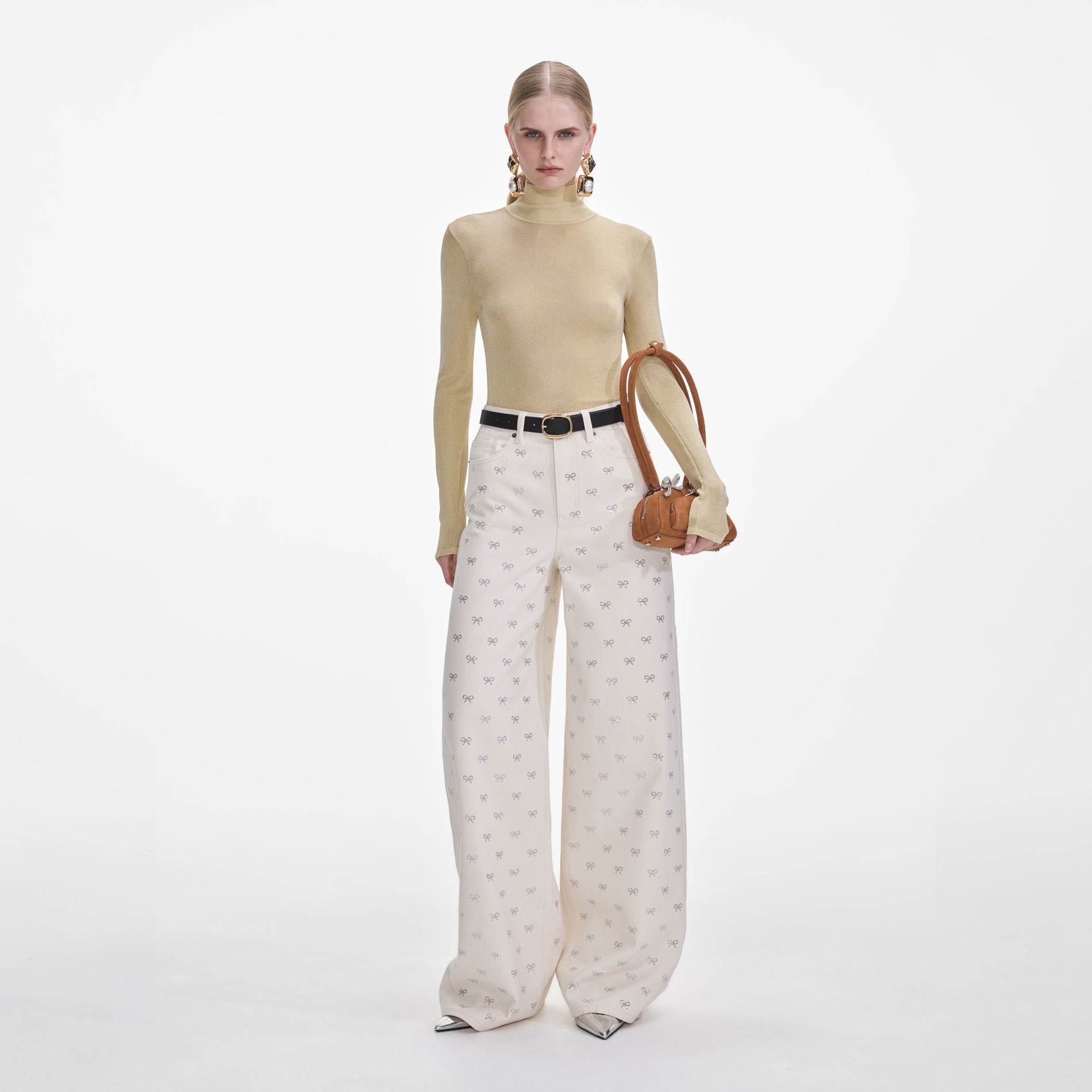 Front view of a woman wearing the Yellow Viscose Knit Top