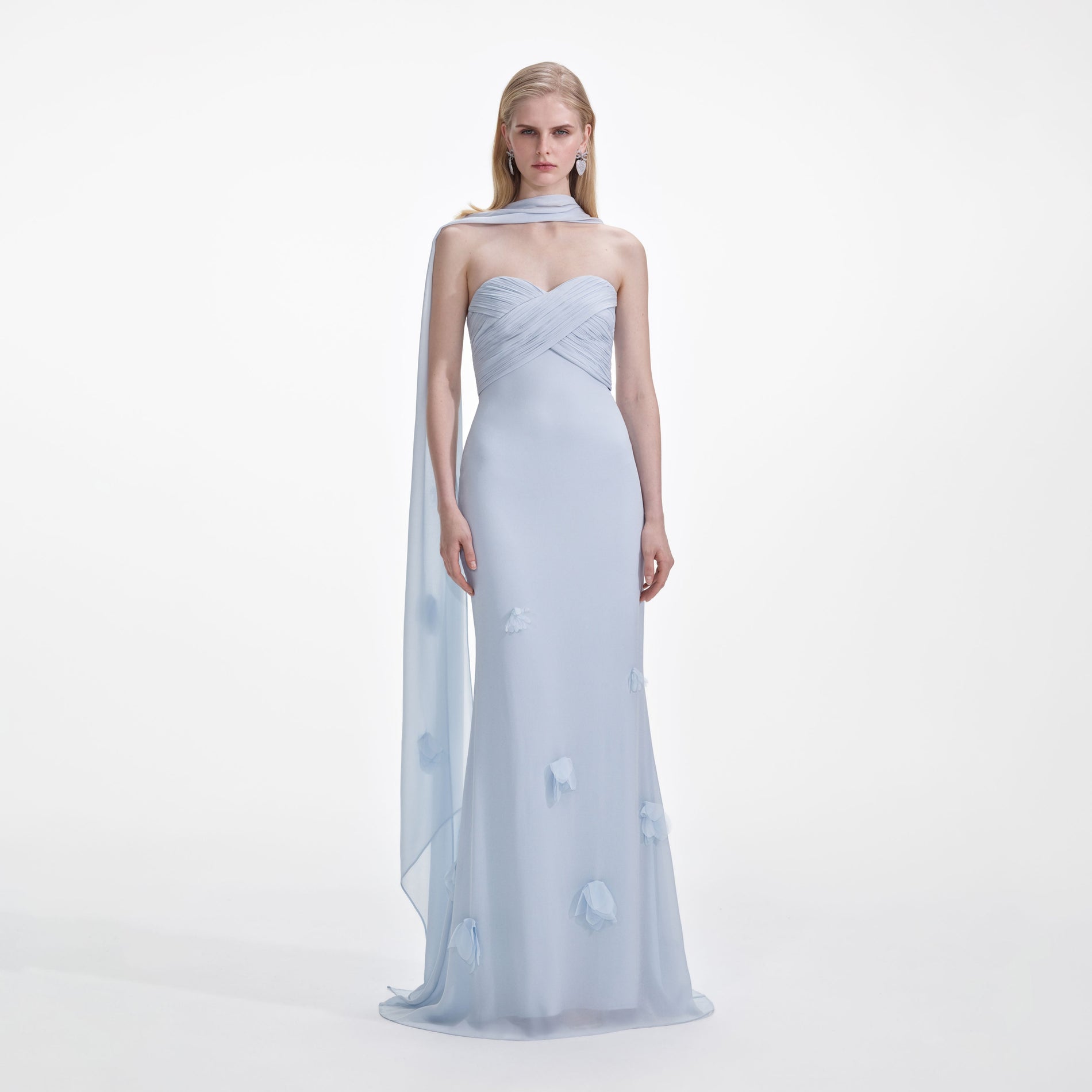 Front view of a woman wearing the Blue Georgette Flower Maxi Dress