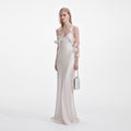 Champagne Flower Satin Maxi Dress