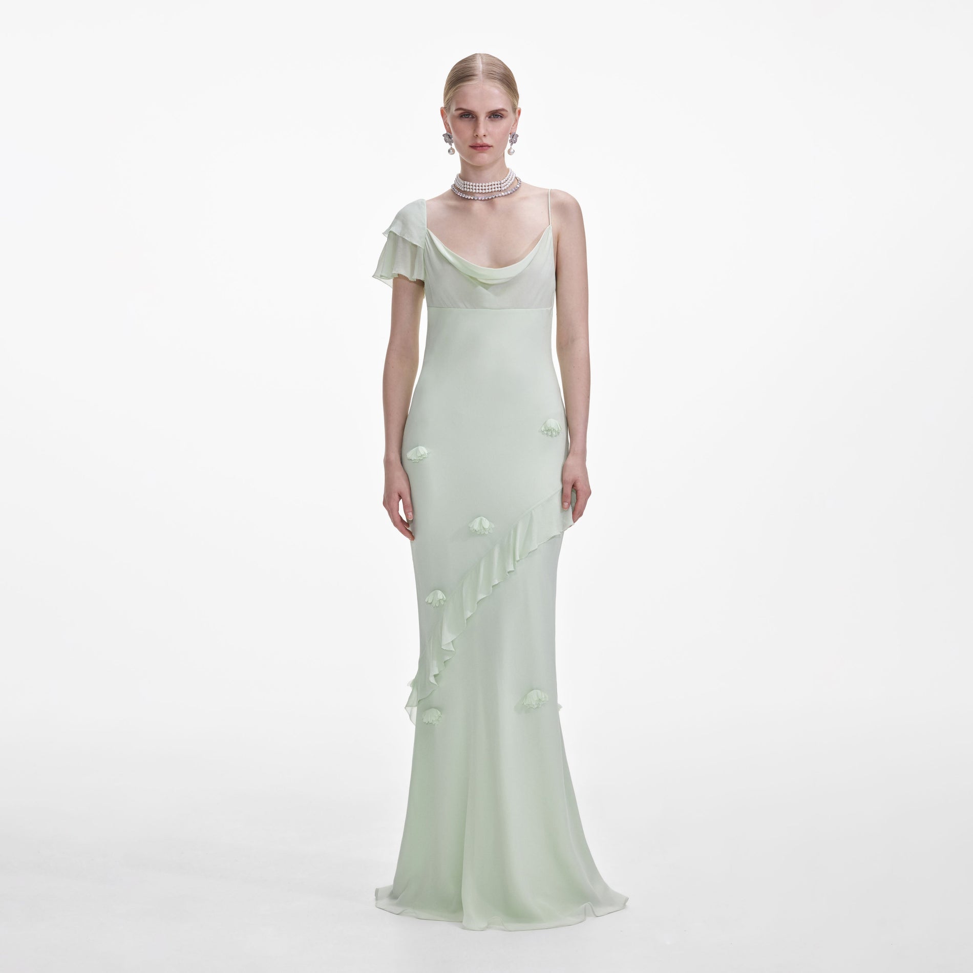 Front view of a woman wearing the Mint Georgette Flower Maxi Dress