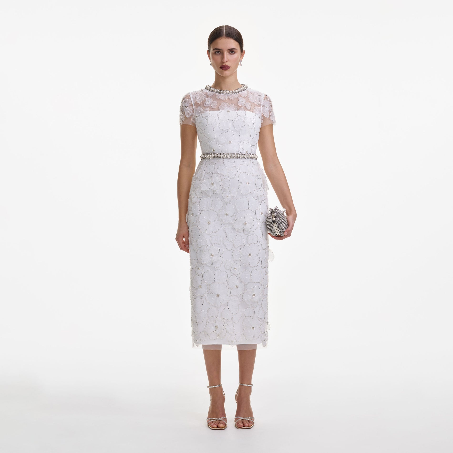 Front view of a woman wearing the White Embellished Tulle Midi Dress