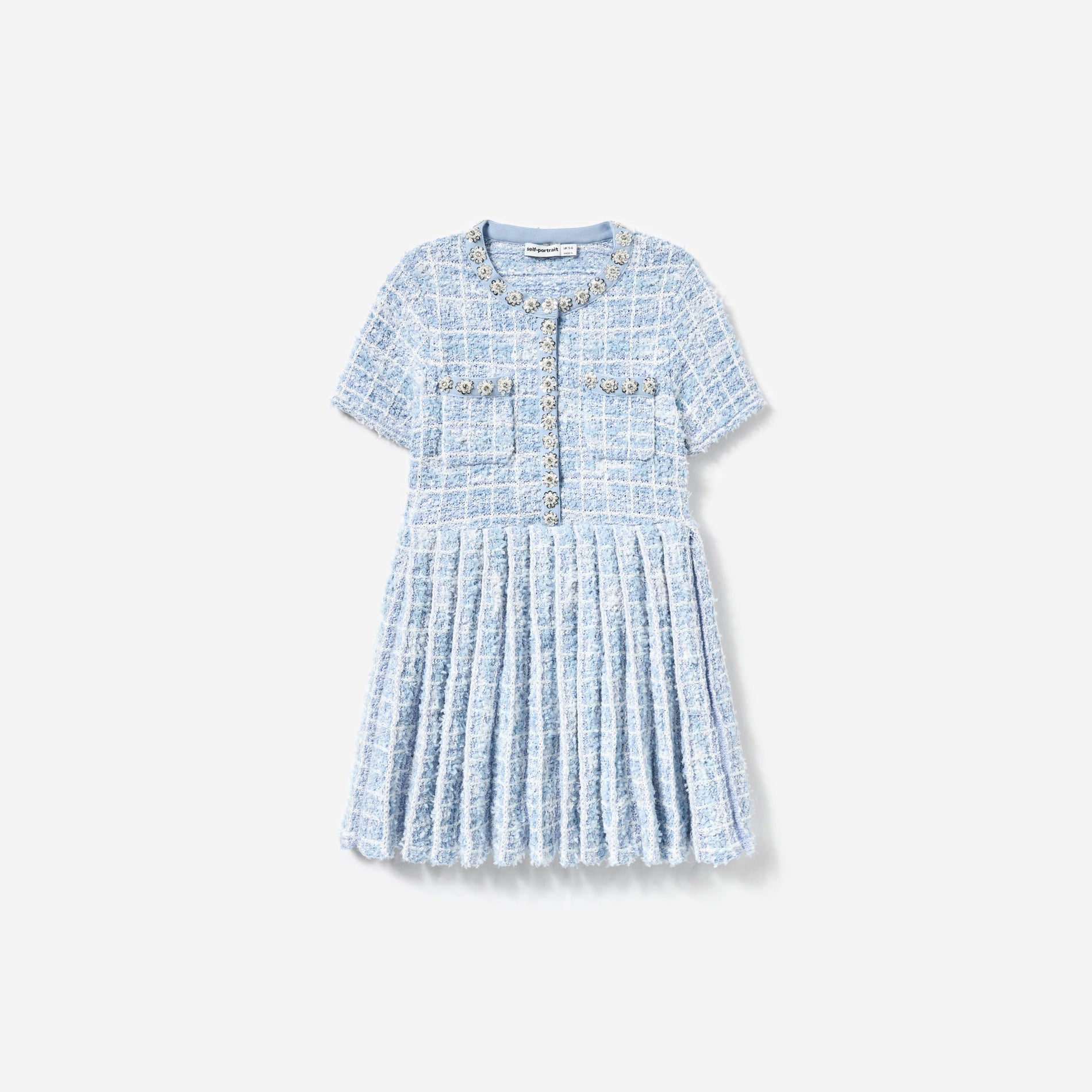 Front view of a woman wearing the Blue Check Knit Dress