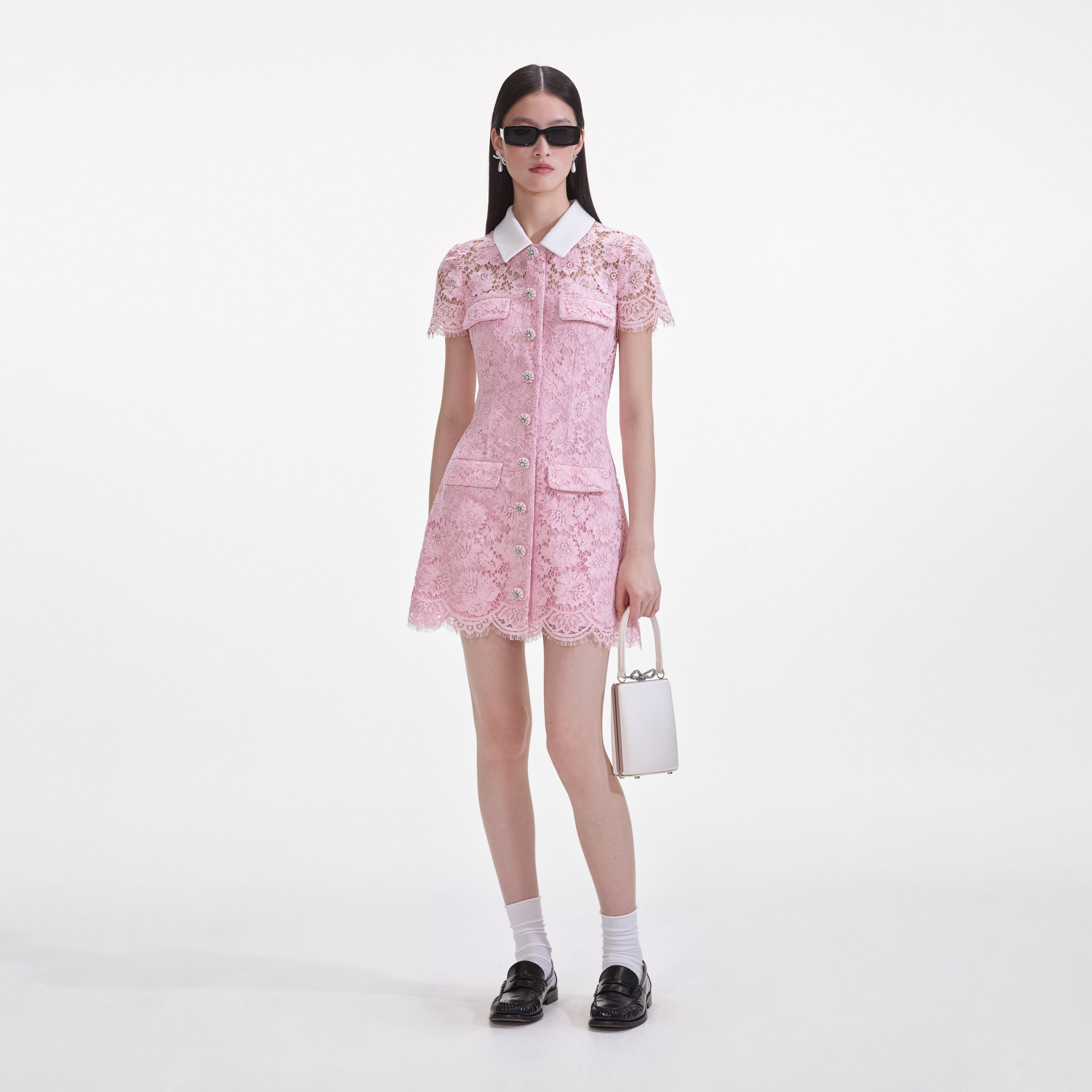Pink Lace Collared Mini Dress – self-portrait-EU - Main Image