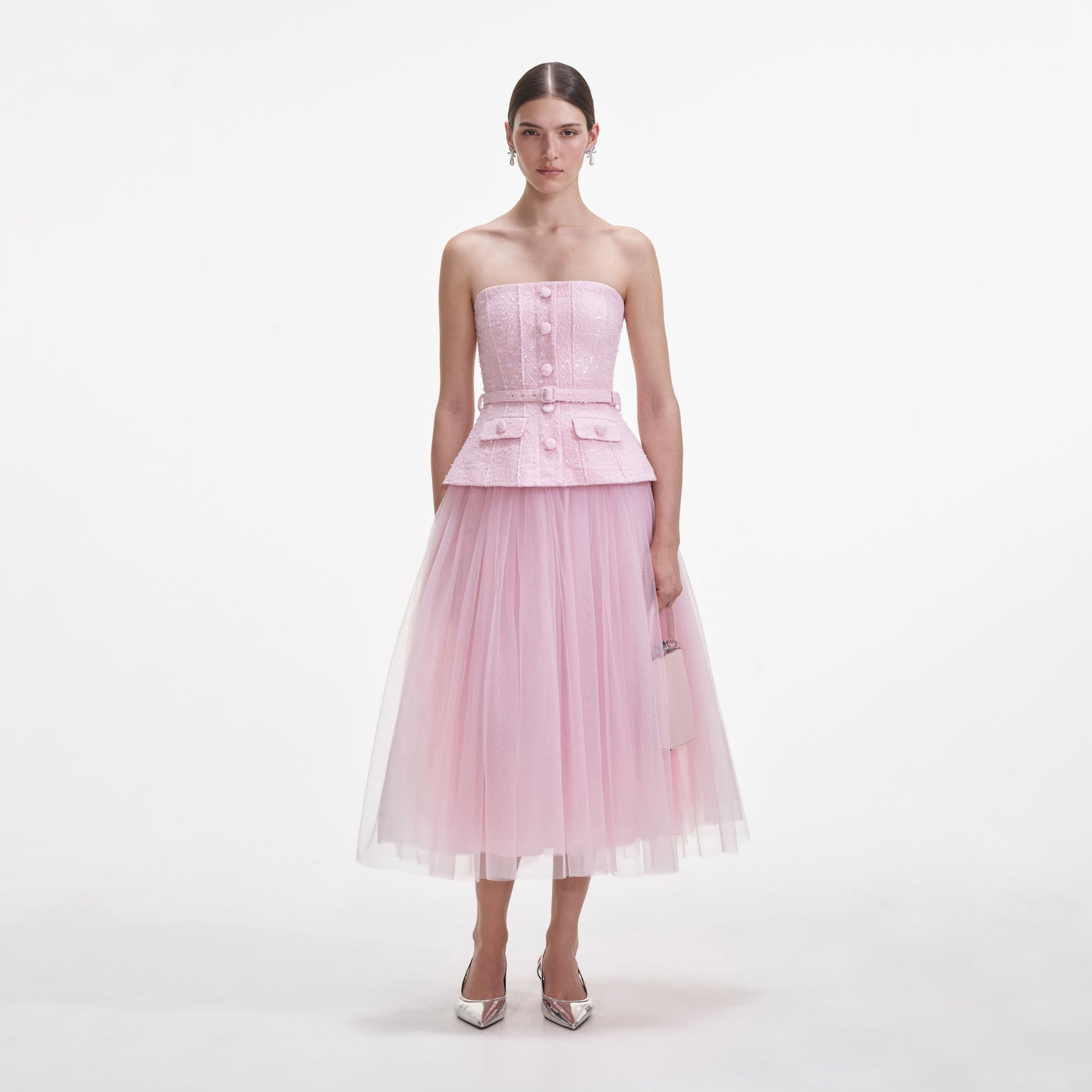 Front view of a woman wearing the Pink Boucle Tulle Midi Dress