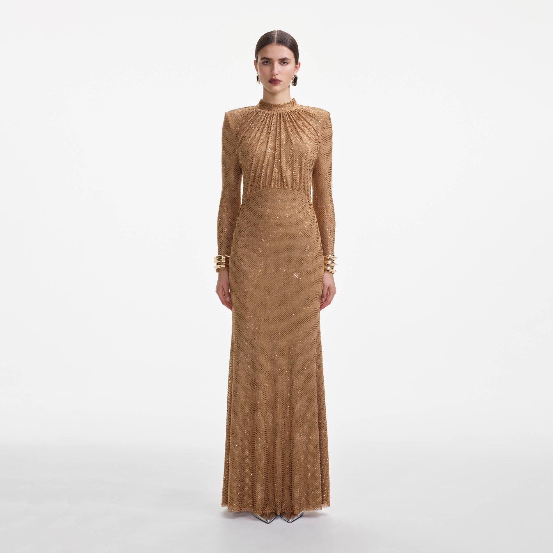 Front view of a woman wearing the Brown Rhinestone Gathered Maxi Dress