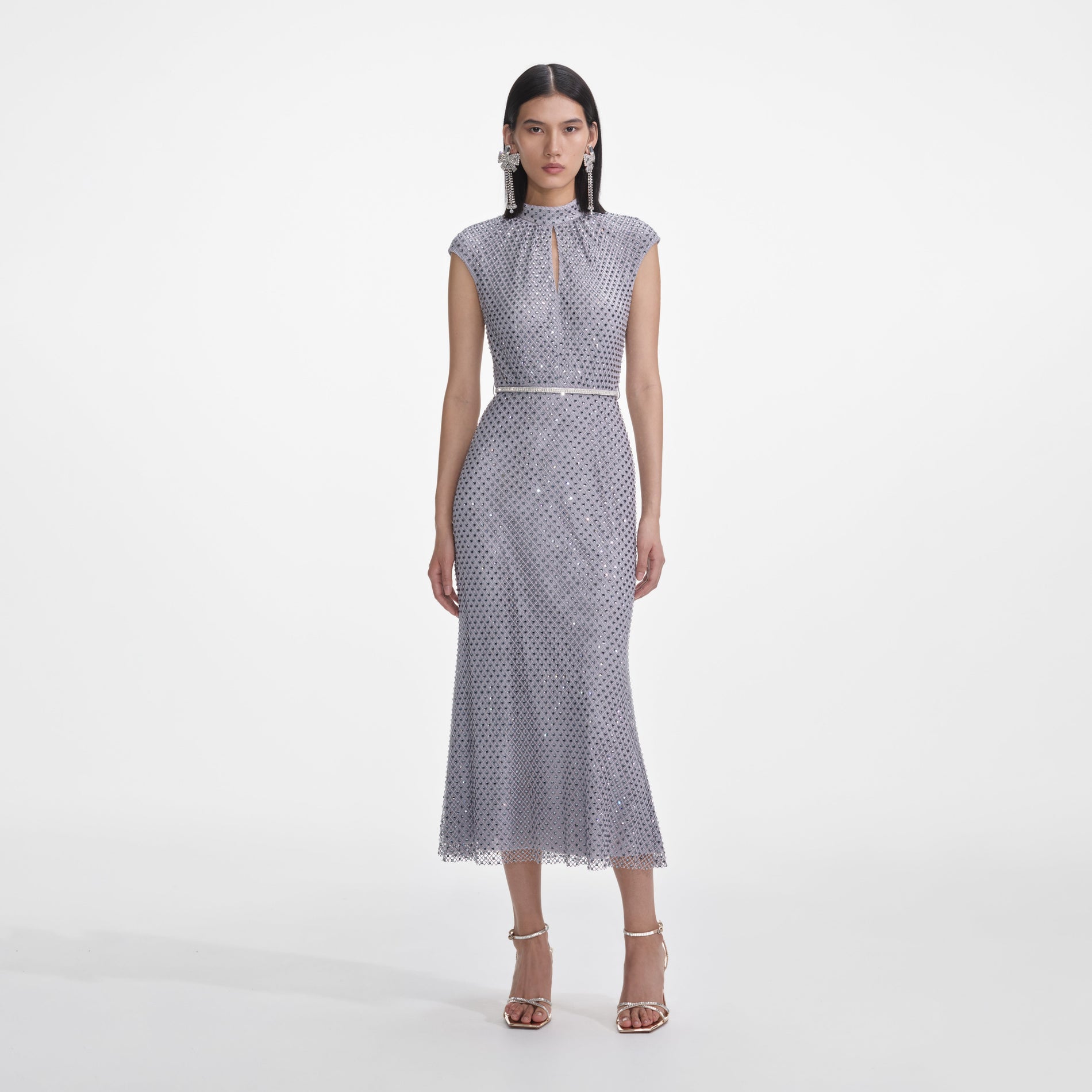 Front view of a woman wearing the Grey Rhinestone Fishnet Midi Dress