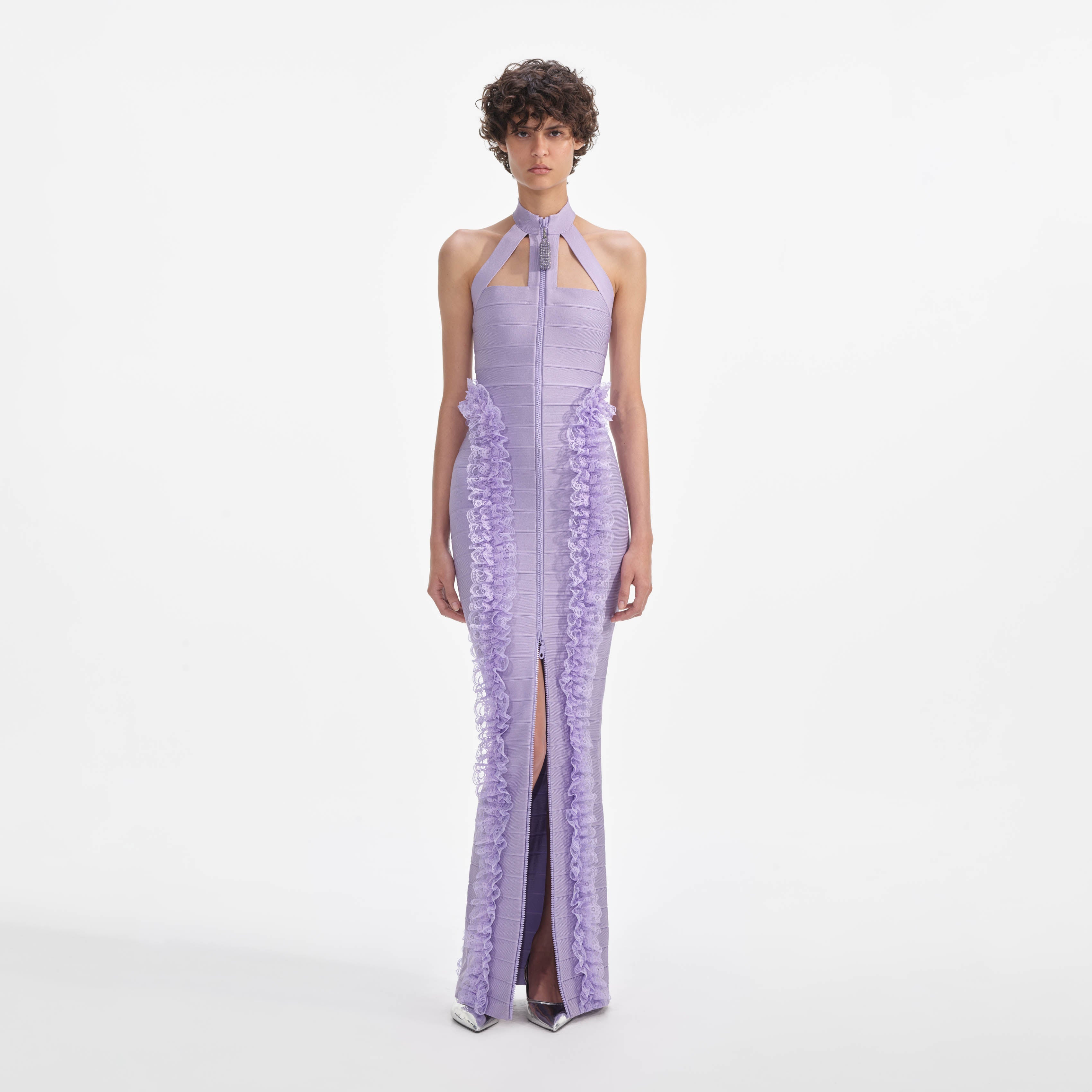 Purple Knit Zip Ruffle Maxi Dress – self-portrait-EU