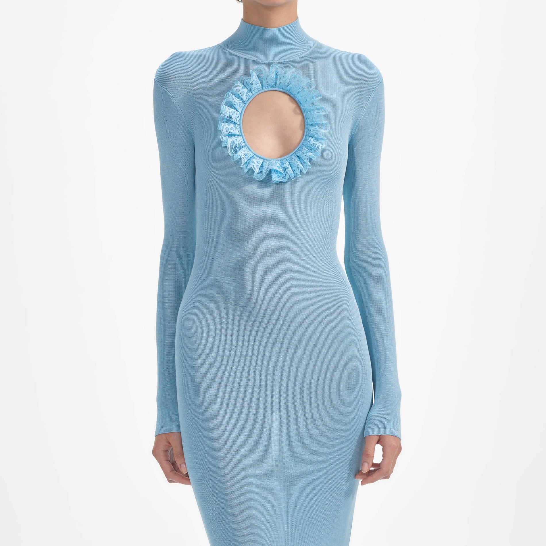 A close up of a woman wearing the Blue Knit Cut Out Maxi Dress