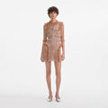 Tan Rhinestone Mesh Ruffle Mini Dress
