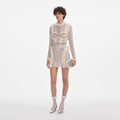 Cream Rhinestone Mesh Ruffle Mini Dress