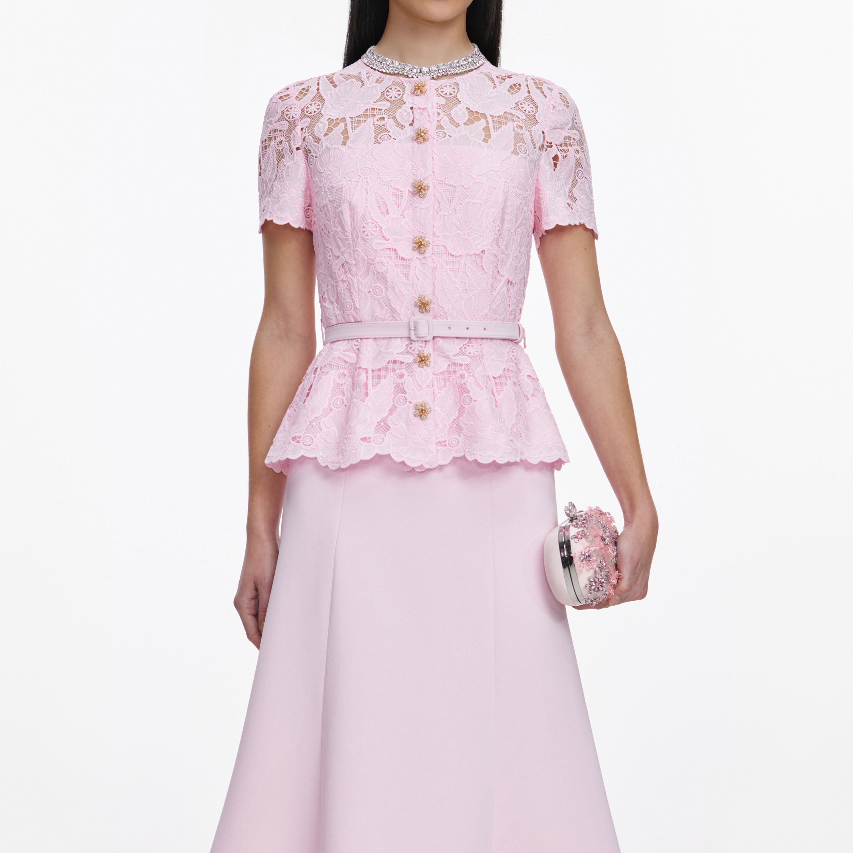 Pink Lace Crepe Midi Dress