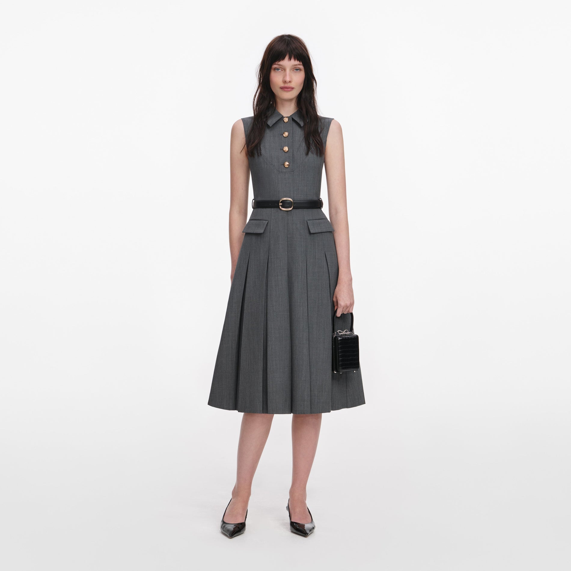 Front view of a woman wearing the Grey Tailored Pleated Midi Dress