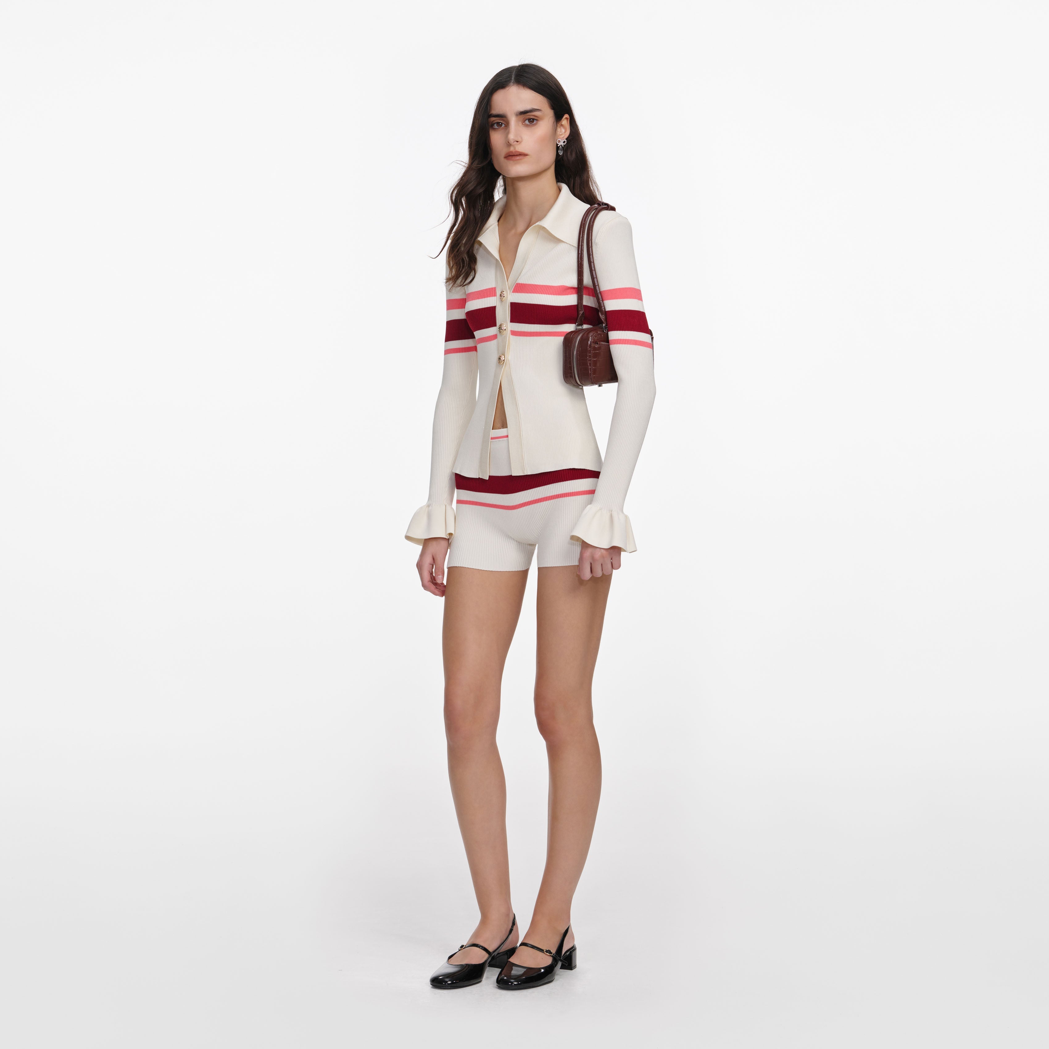 Cream Stripe Viscose Knit Button Top