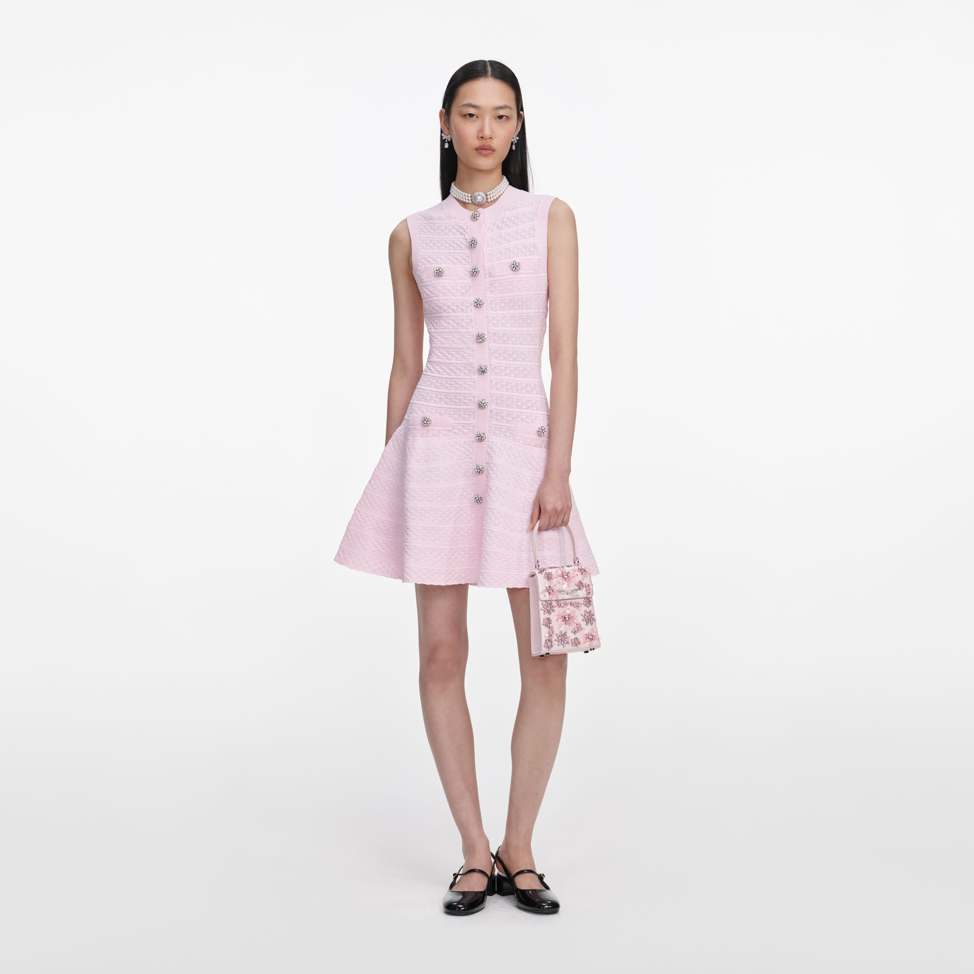Pink Pointelle Diamante Knit Mini Dress self-portrait-EU Pink Pointelle Diamante Knit Mini Dress self-portrait-EU