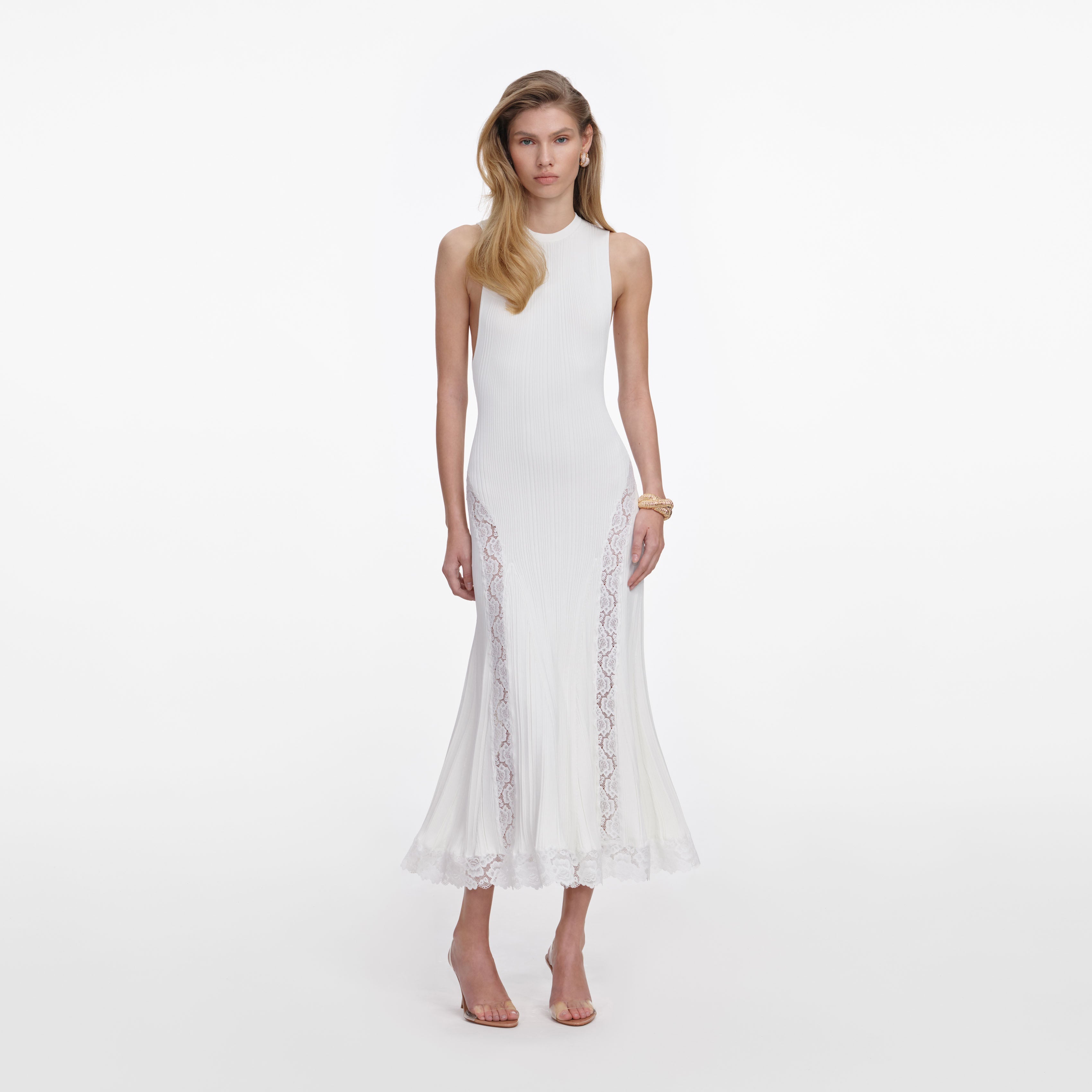 White Knit Lace Insert Midi Dress – self-portrait-EU