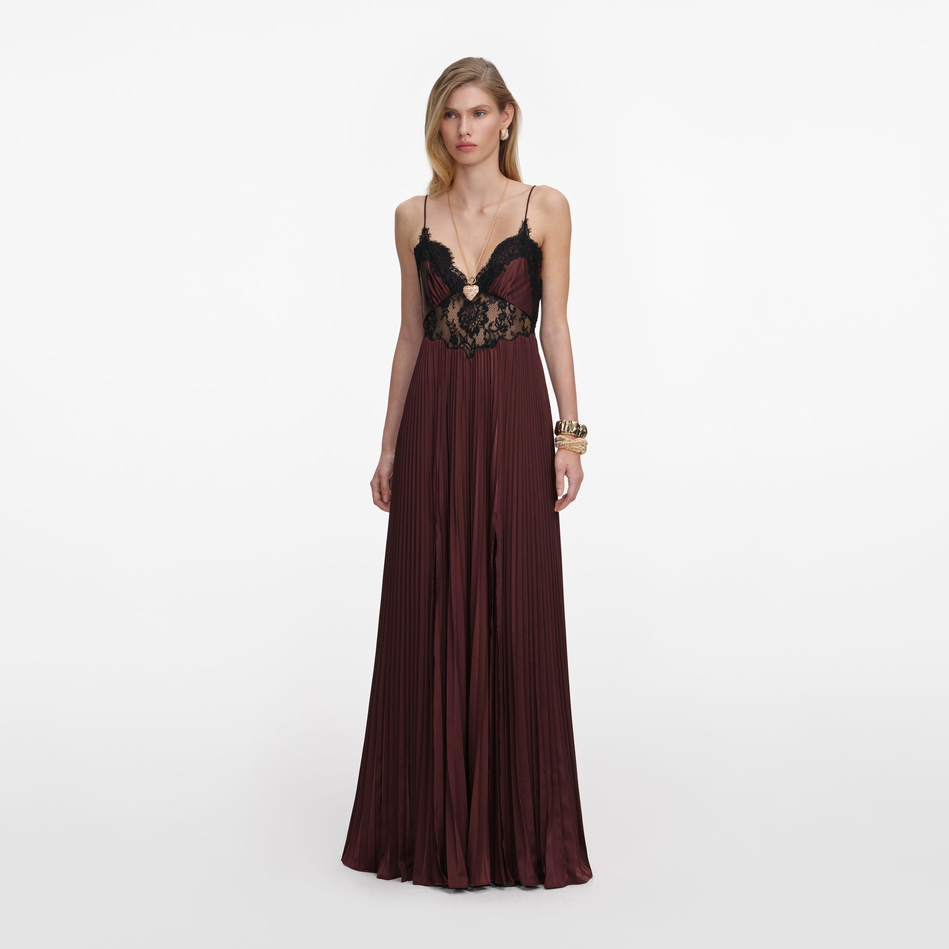 Side view of a woman wearing the Brown Satin Lace Insert Maxi Dress