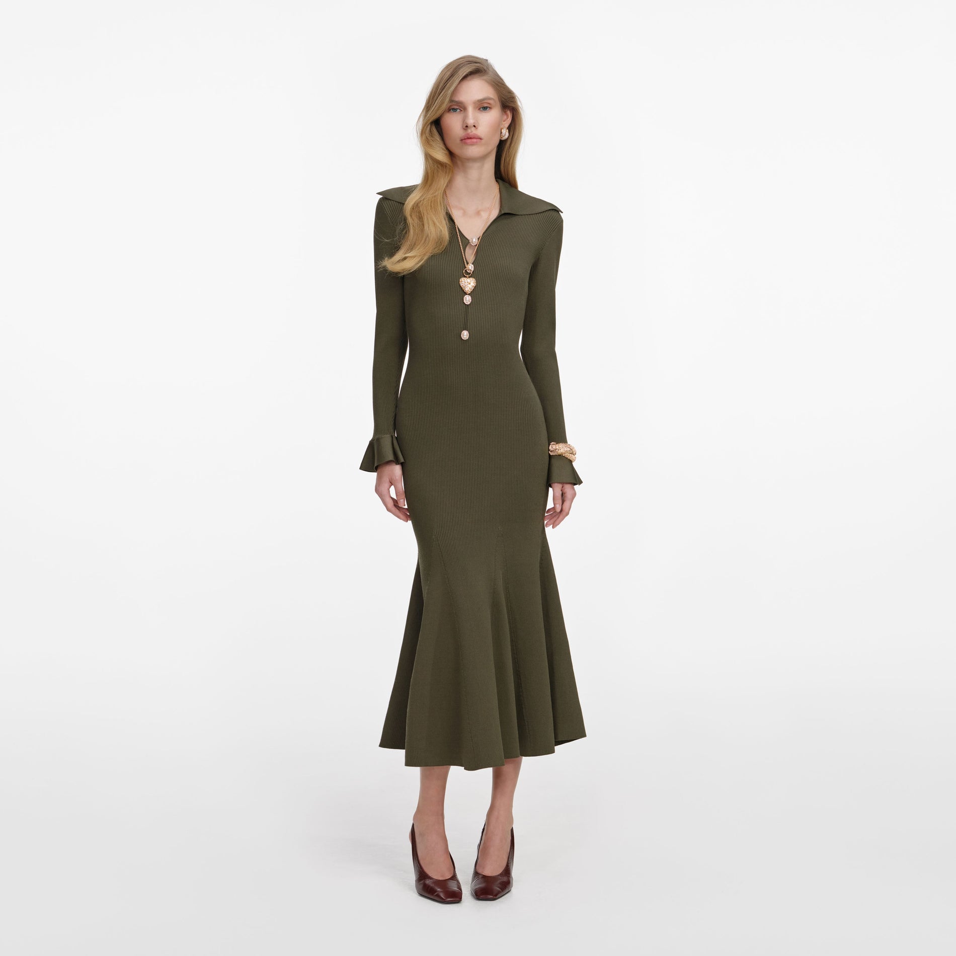 Front view of a woman wearing the Khaki Pointelle Knit Midi Dress