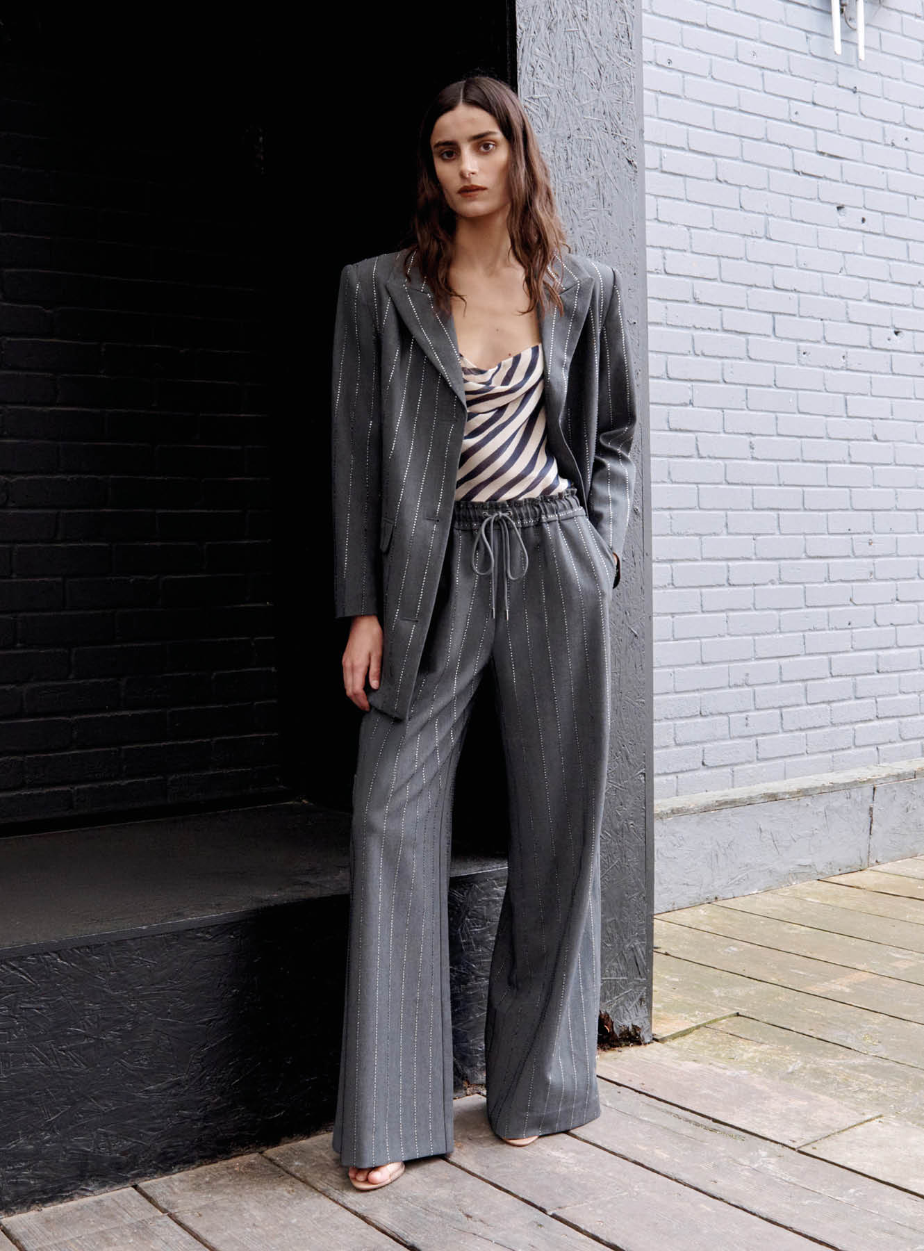 Grey Rhinestone Pinstripe Trousers