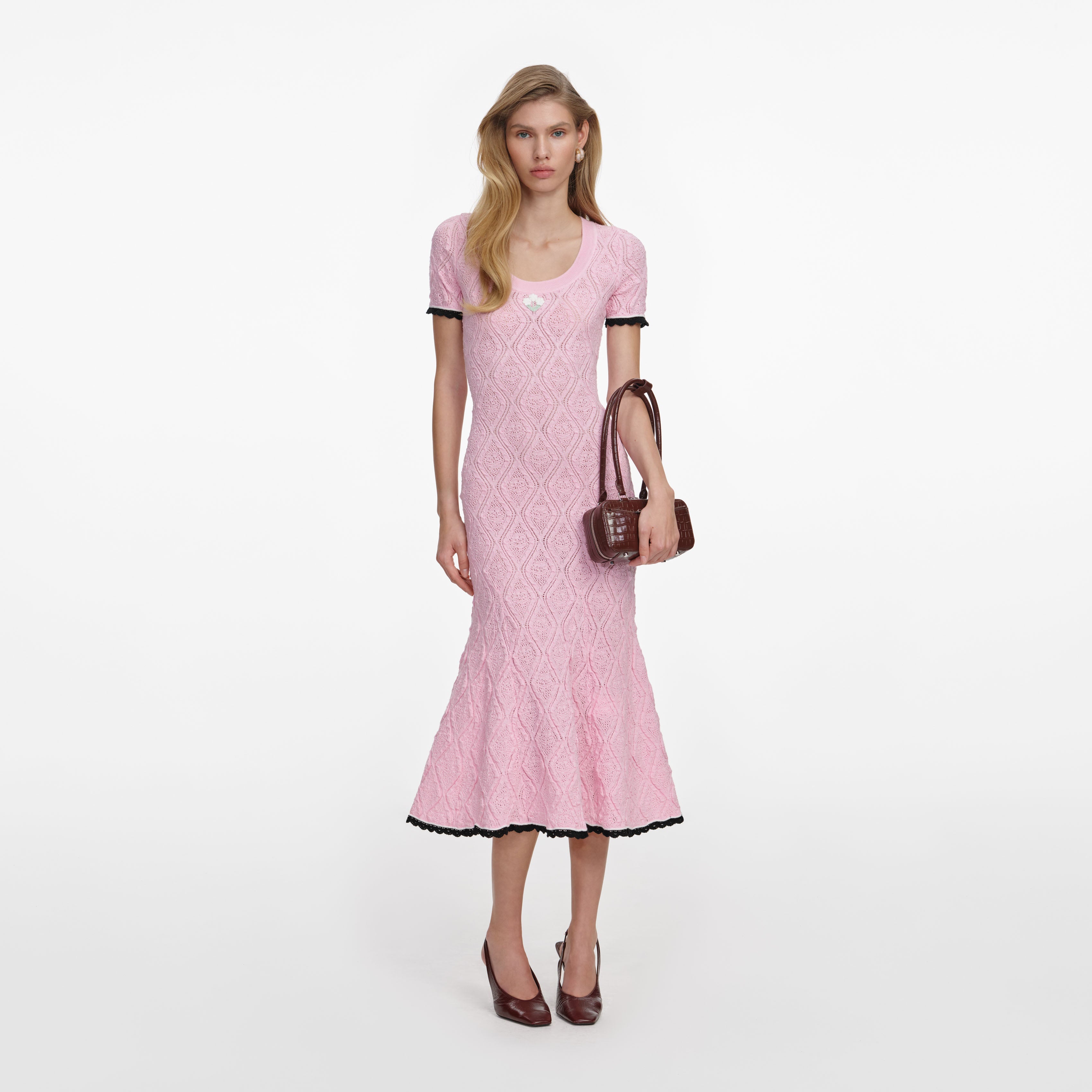 yilon pointelle knit dress set ピンク Pink Pointelle Knit Midi Dress – self-portrait-EU
