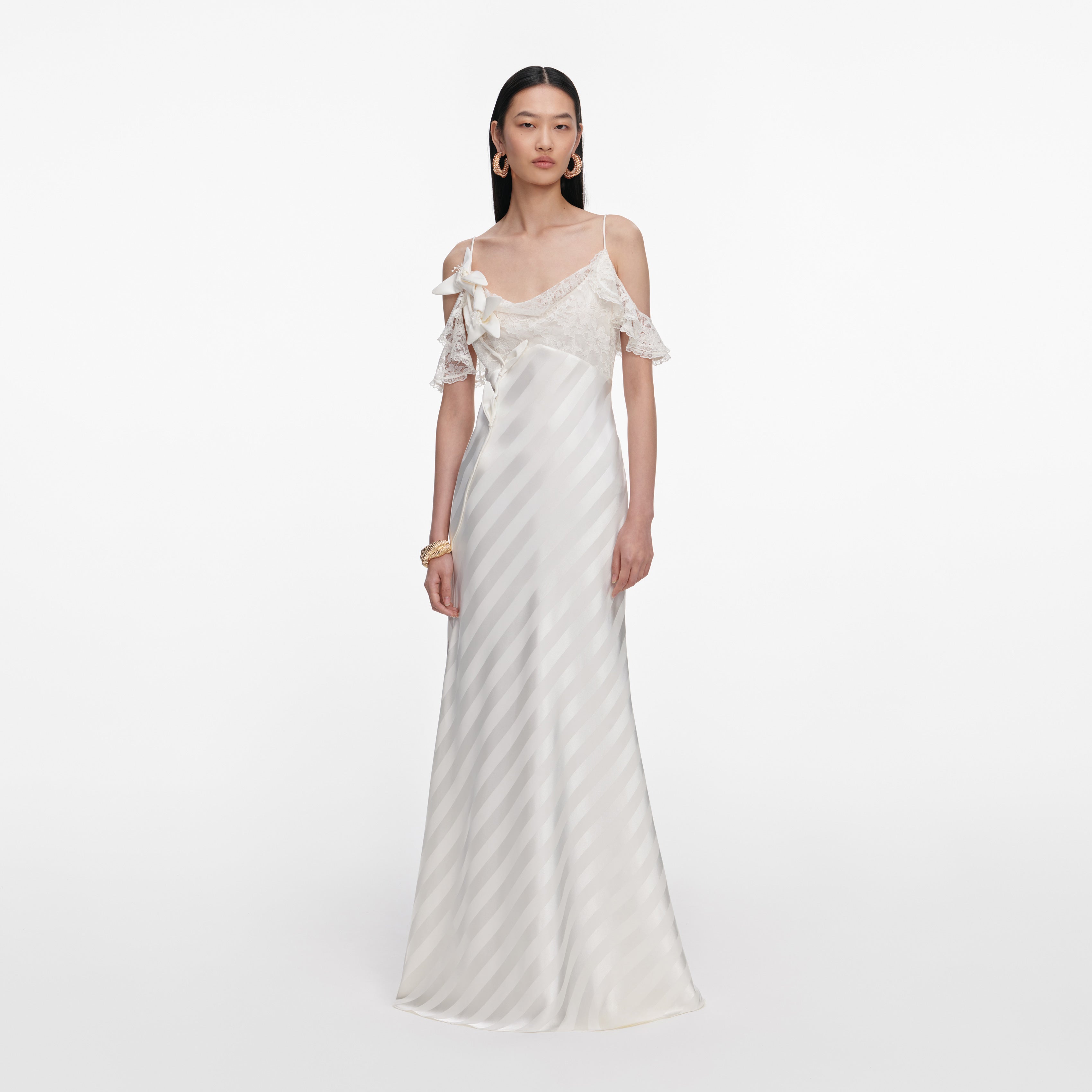 Cream Satin Striped Maxi Dress