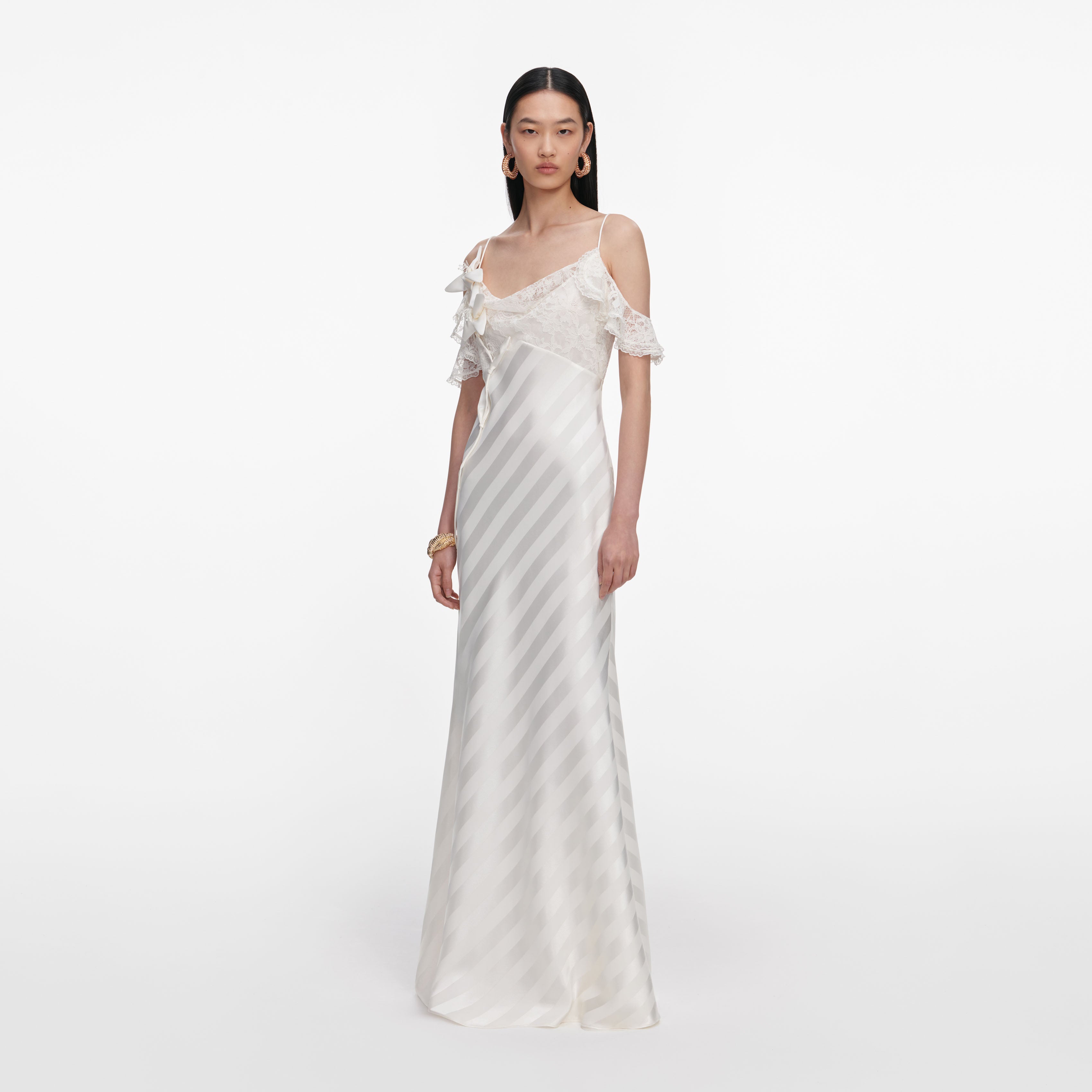 Cream Satin Striped Maxi Dress