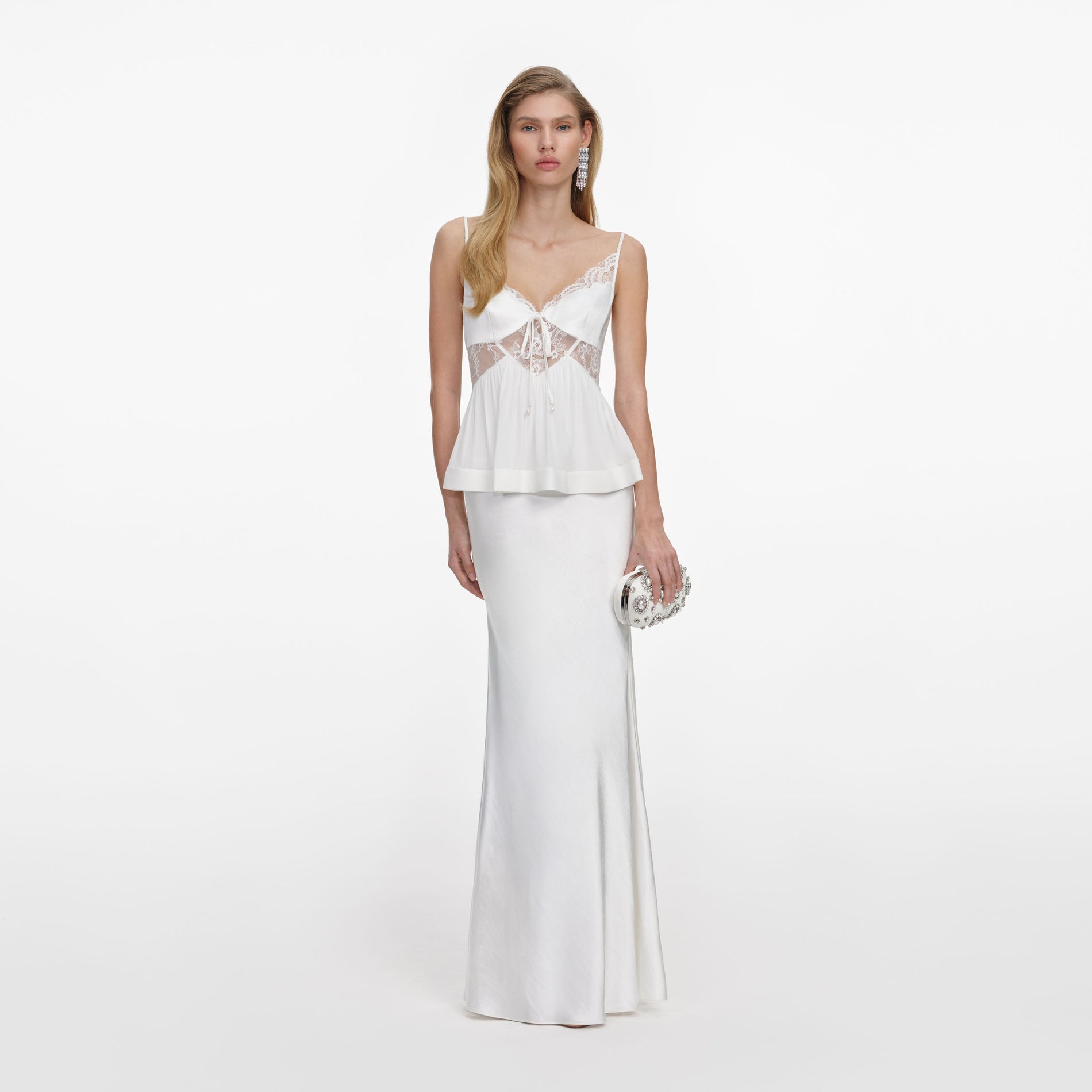 Front view of a woman wearing the White Georgette Satin Maxi Dress