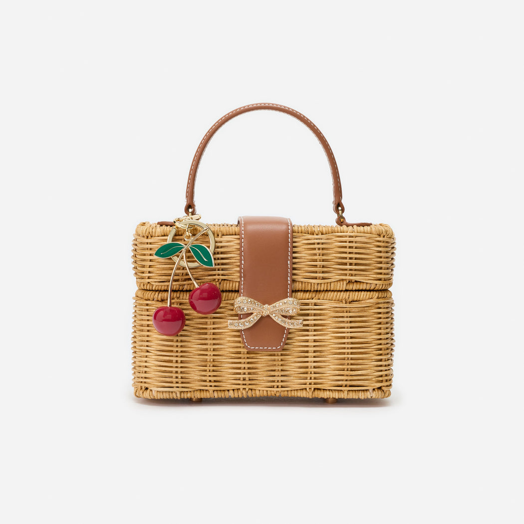 Rattan Cherry Charm Mini Basket Bag