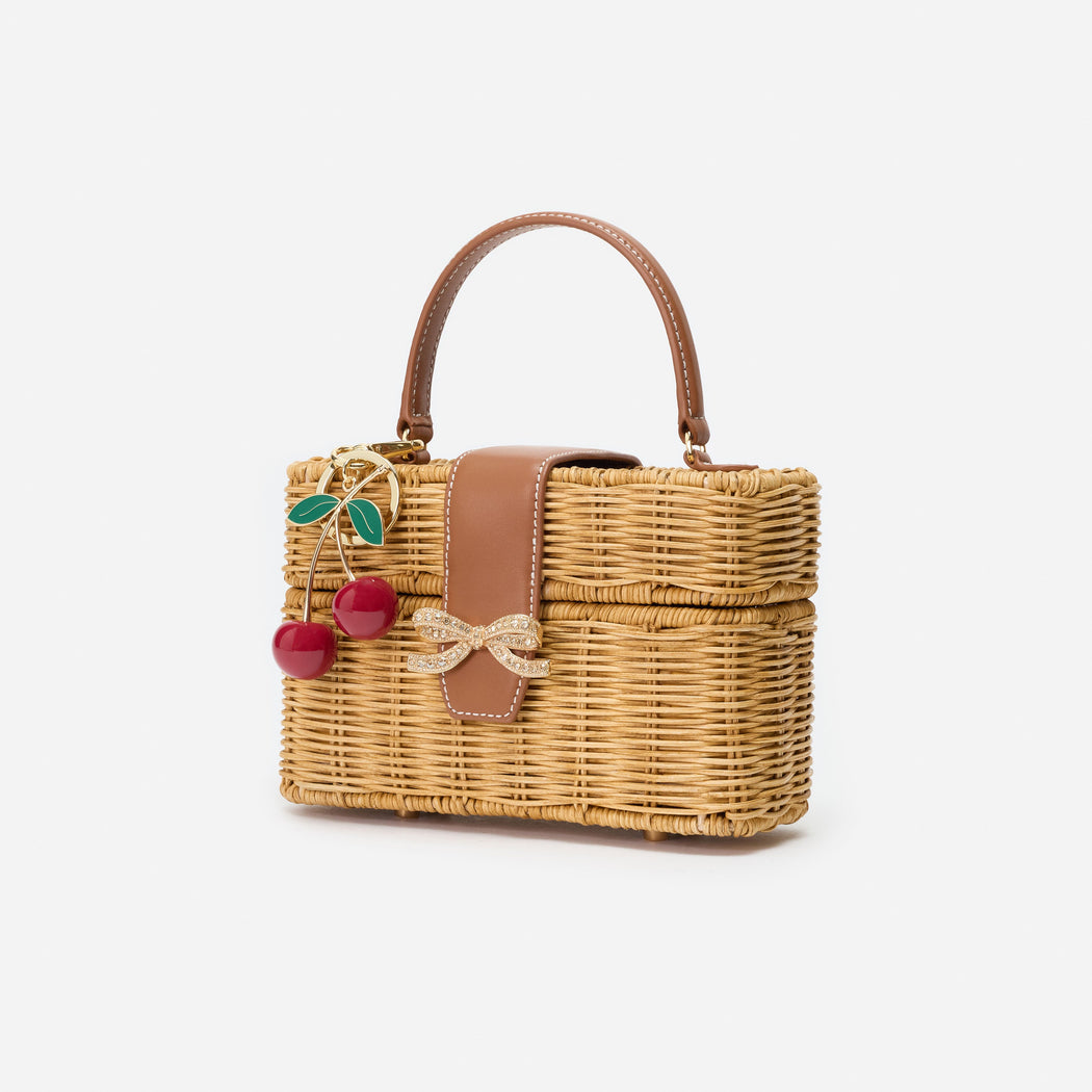 Rattan Cherry Charm Mini Basket Bag