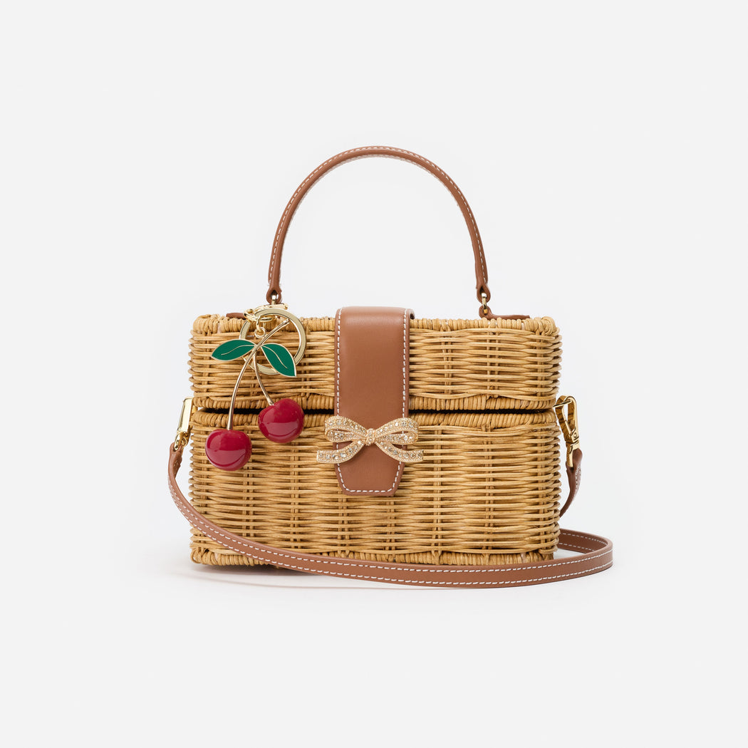 Rattan Cherry Charm Mini Basket Bag