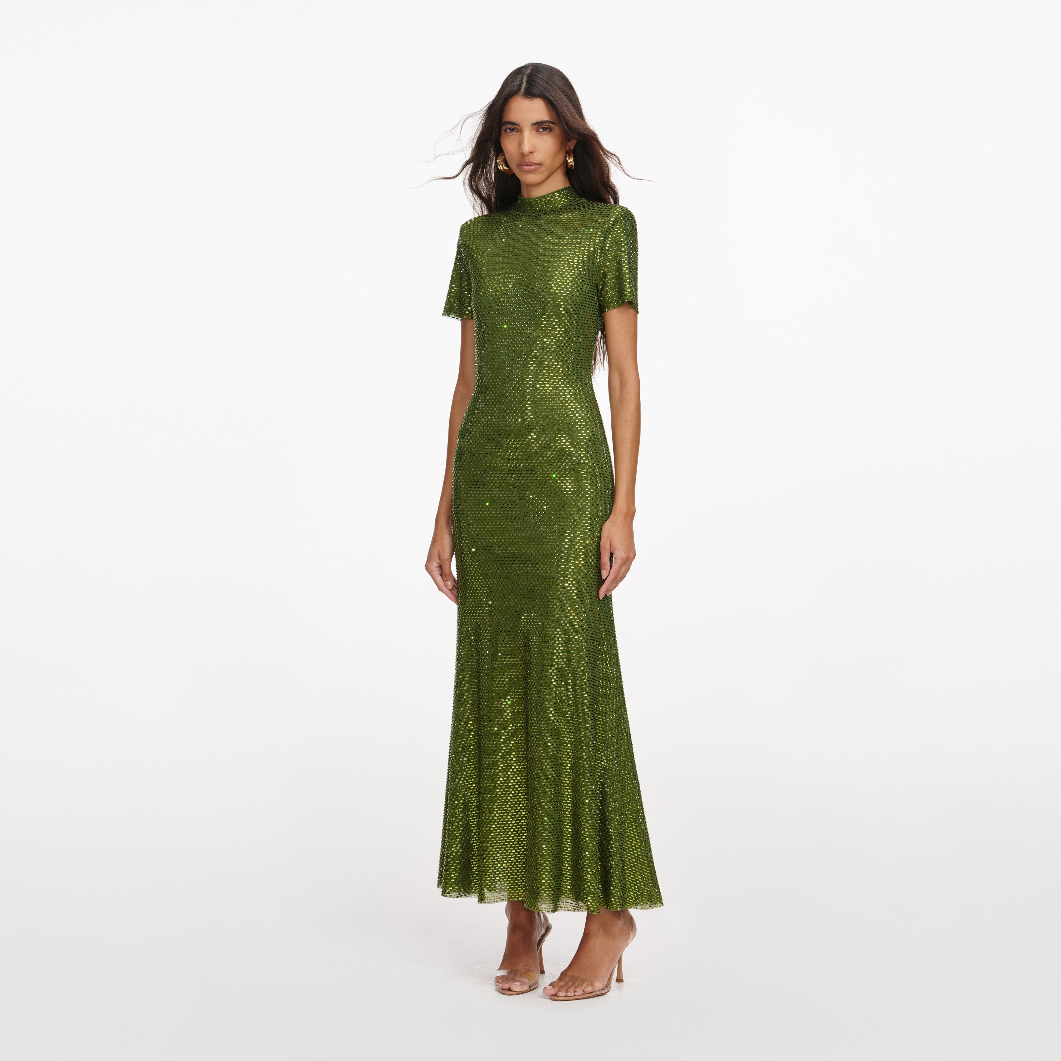 Olive Rhinestone Mesh Midi Dress