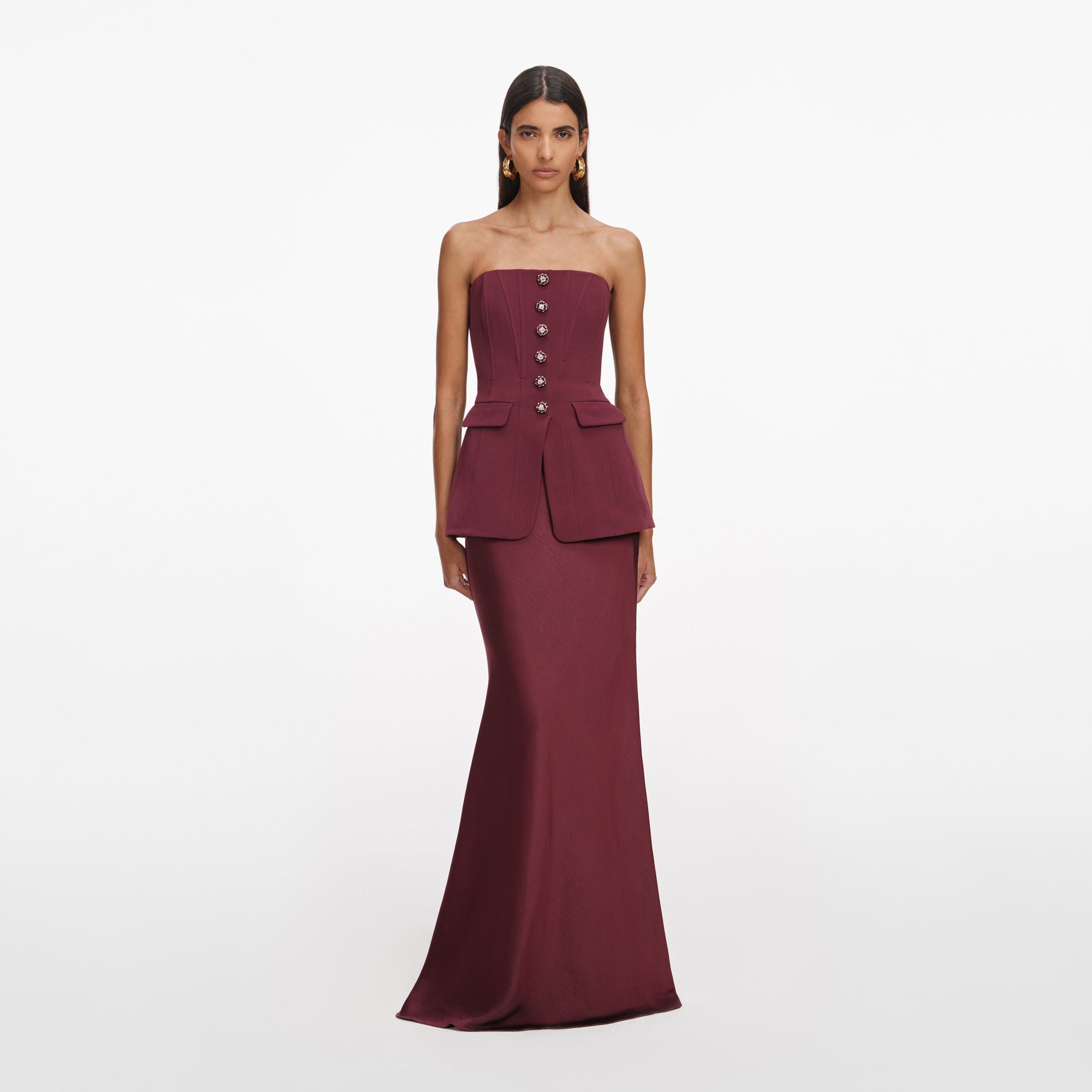 Front view of a woman wearing the Burgundy Bandeau Maxi Dress