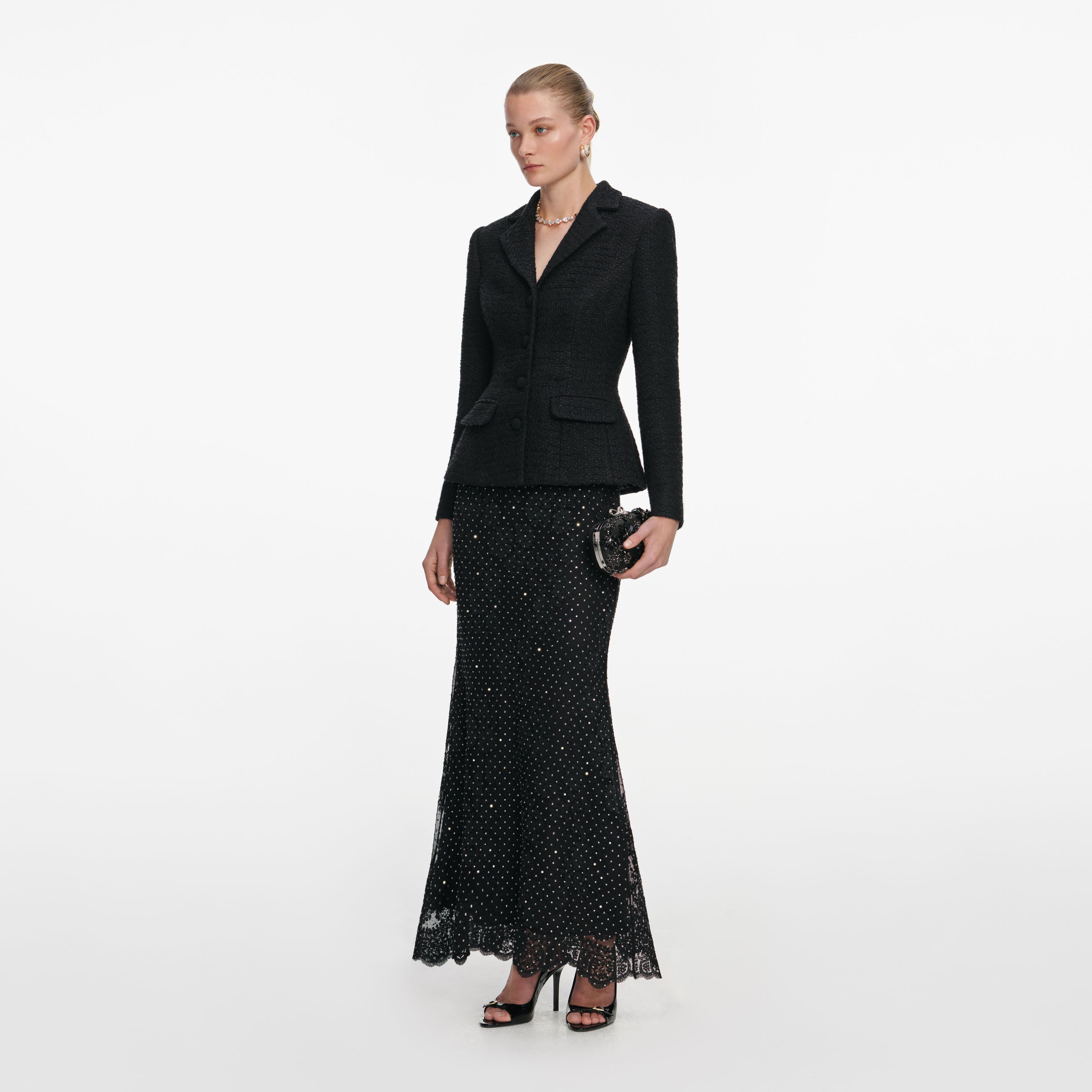 Black Boucle Rhinestone Lace Maxi Dress